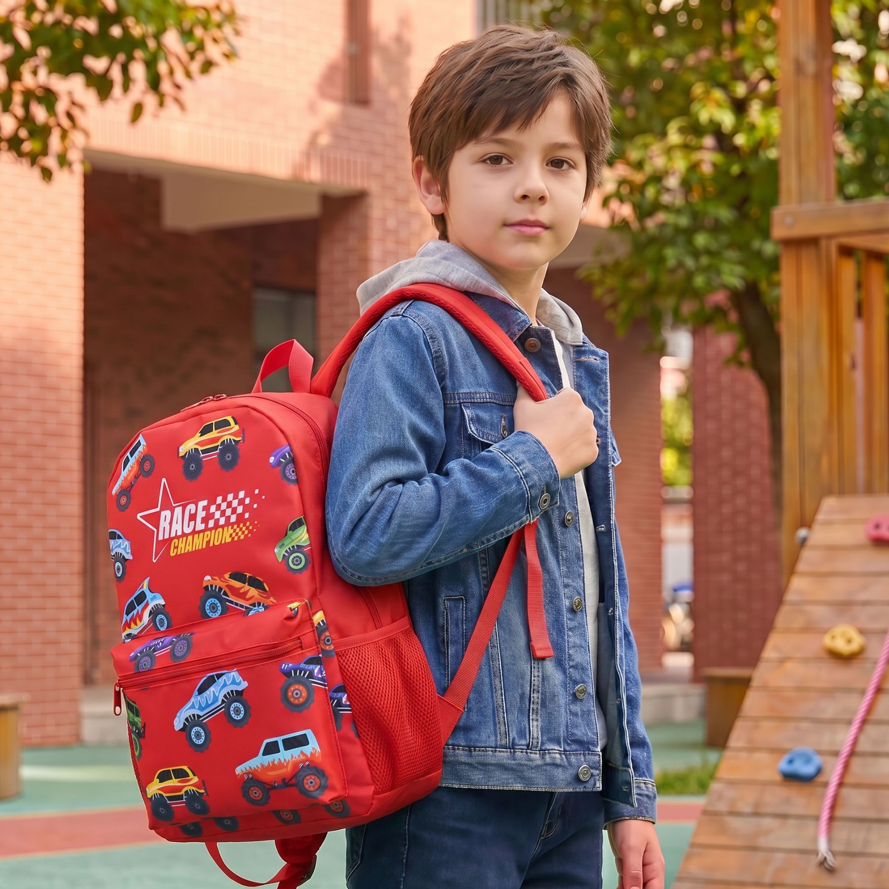 Sac à dos rouge motifs voitures pour enfant | Grande capacité | Polyester résistant | Style moderne