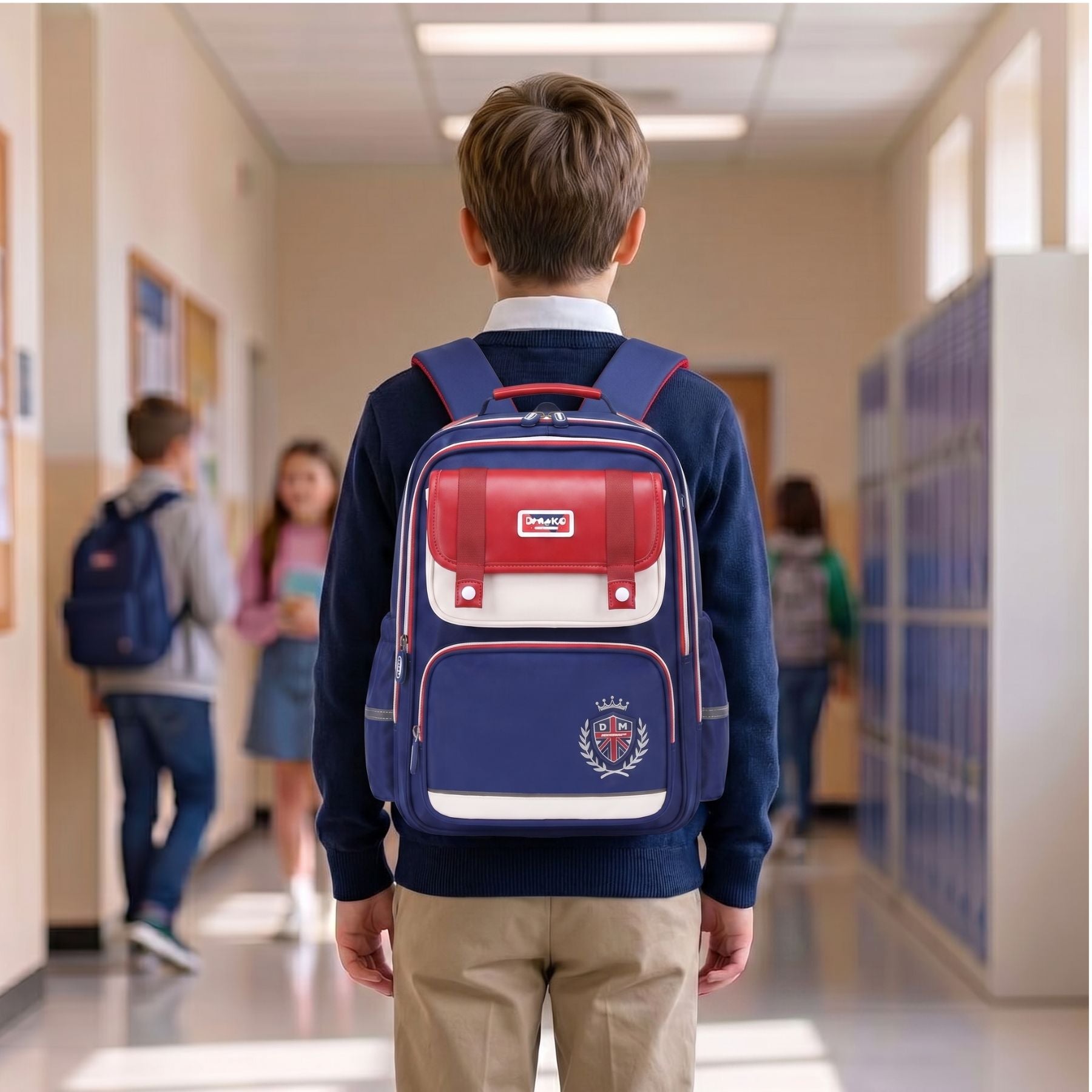 Sac à dos scolaire bleu et rouge | Ensemble 3 pièces (sac + petit sac bandoulière + trousse) | Tissu Oxford résistant