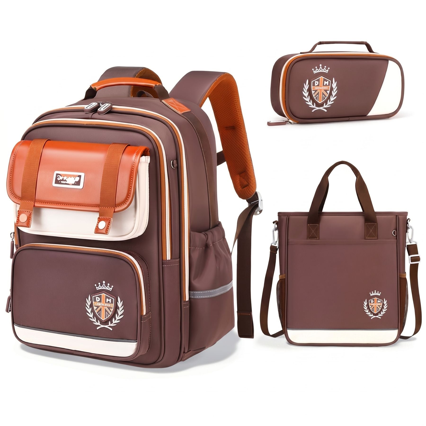 Sac à dos scolaire marron | Ensemble 3 pièces (sac + petit sac bandoulière + trousse) | Tissu Oxford résistant