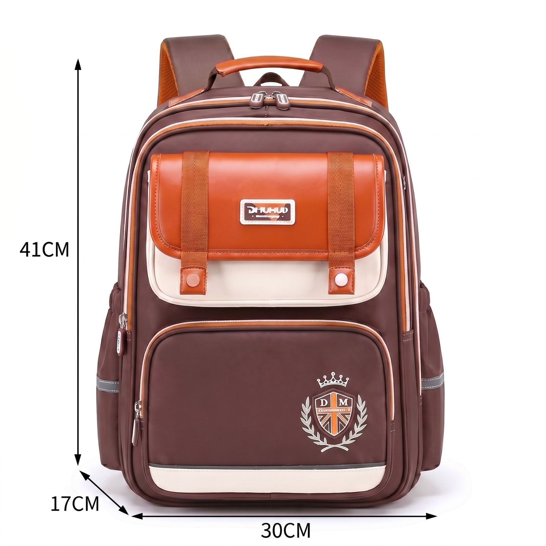 Sac à dos scolaire marron et orange | Grande capacité | Tissu Oxford imperméable | Port confortable