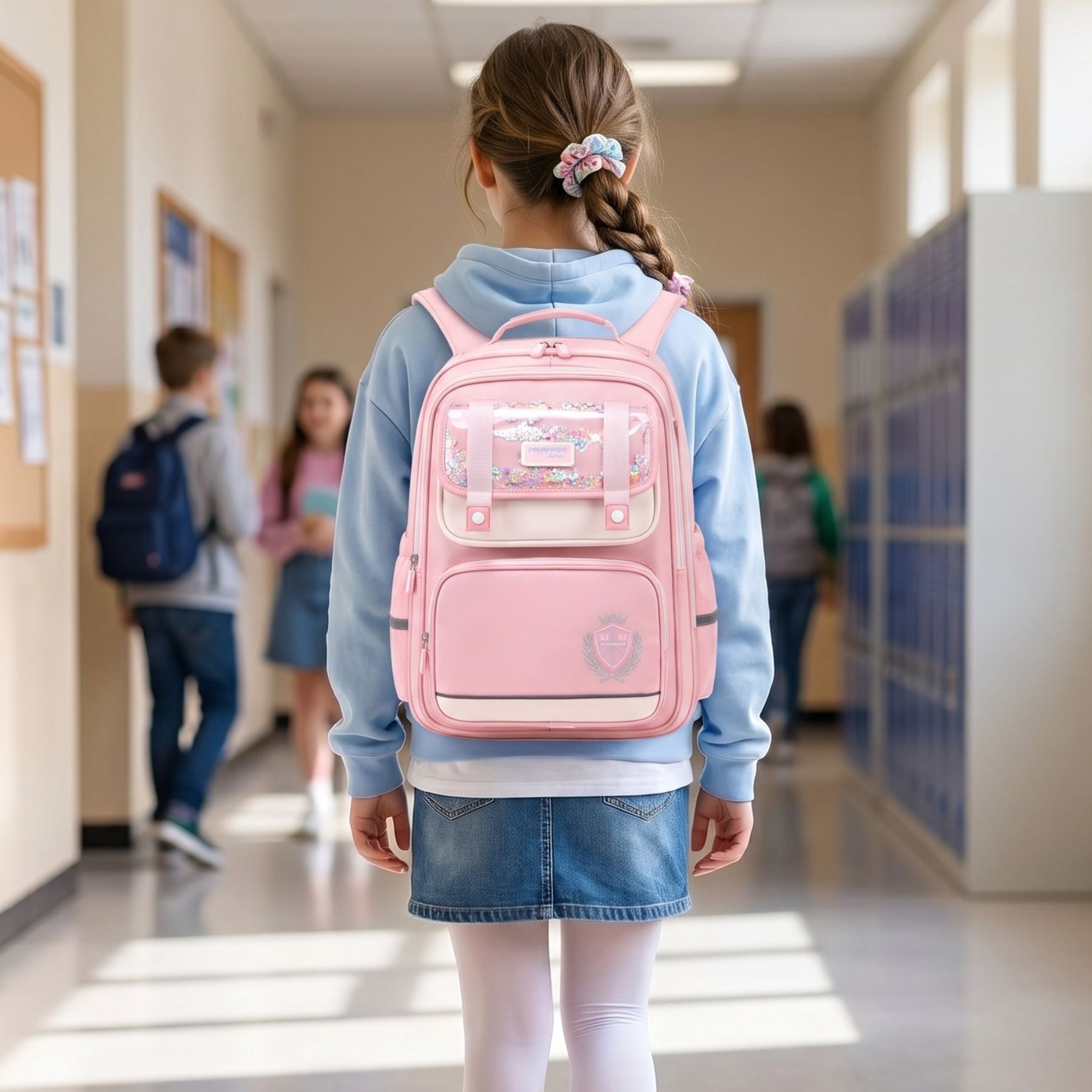 Sac à dos scolaire rose pour fille | Ensemble 3 pièces (sac + petit sac bandoulière + trousse) | Tissu Oxford résistant
