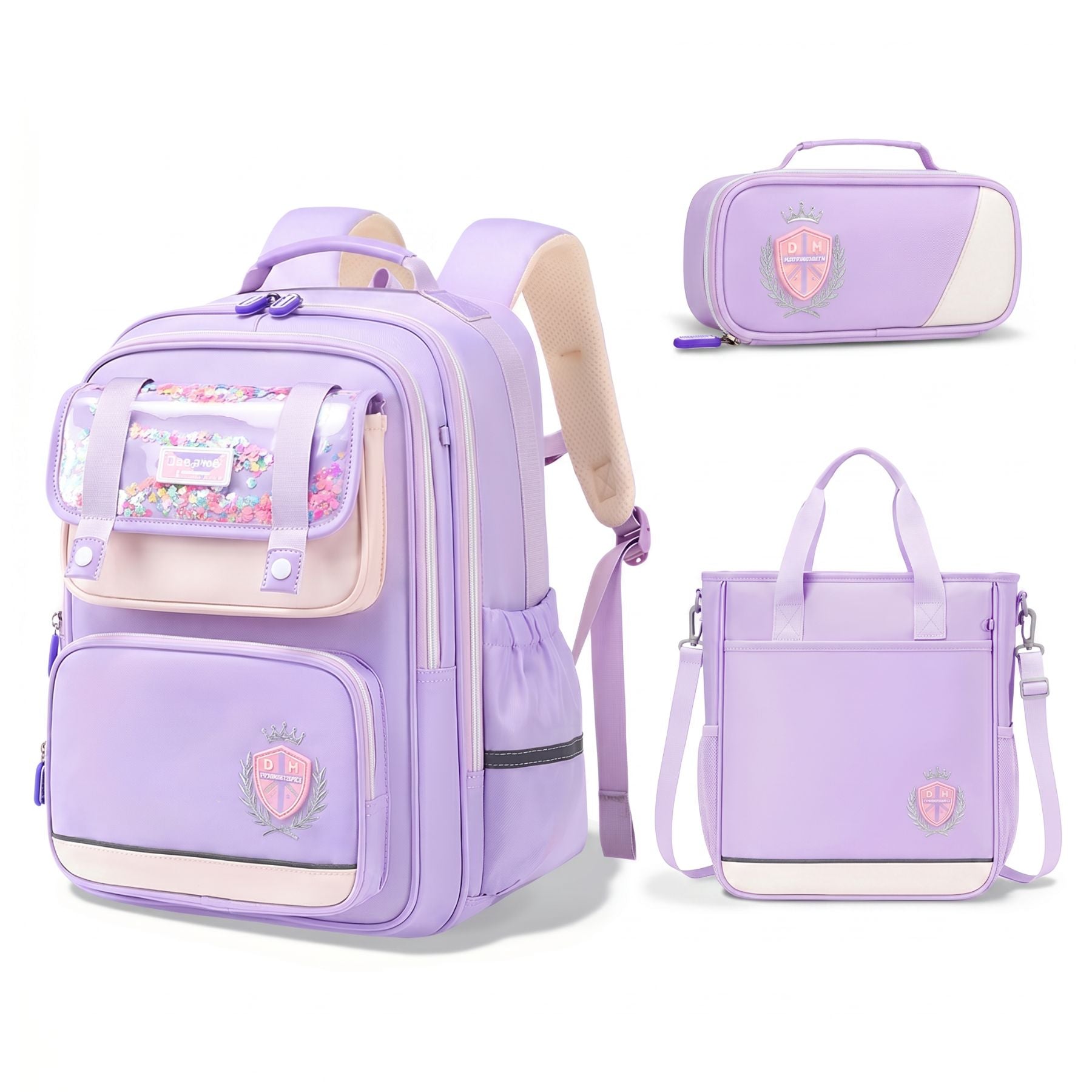 Sac à dos scolaire violet pour fille | Ensemble 3 pièces (sac +petit sac bandoulière +trousse) | Tissu Oxford résistant
