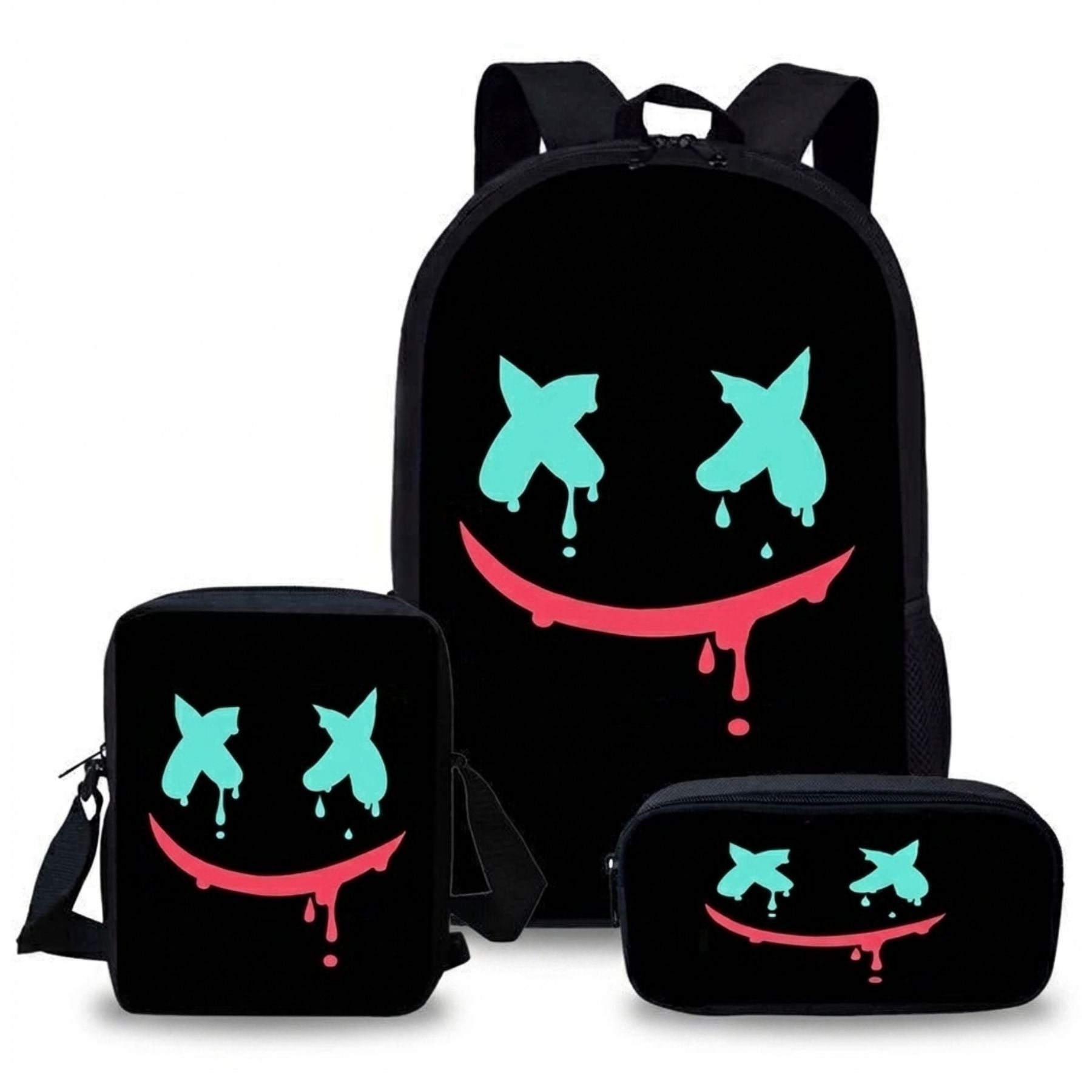 Sac à dos smiley pour enfant | Kit 3 pièces (sac + bandoulière + trousse) | Tissu Oxford résistant