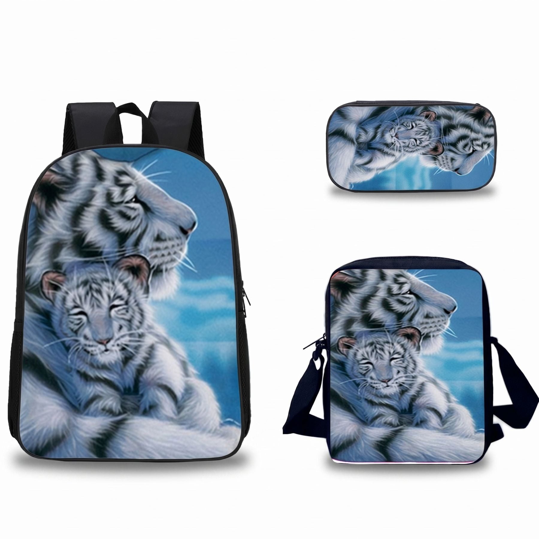 Sac à dos tigre blanc protecteur | Ensemble 3 pièces (sac + bandoulière + trousse) | Nylon résistant
