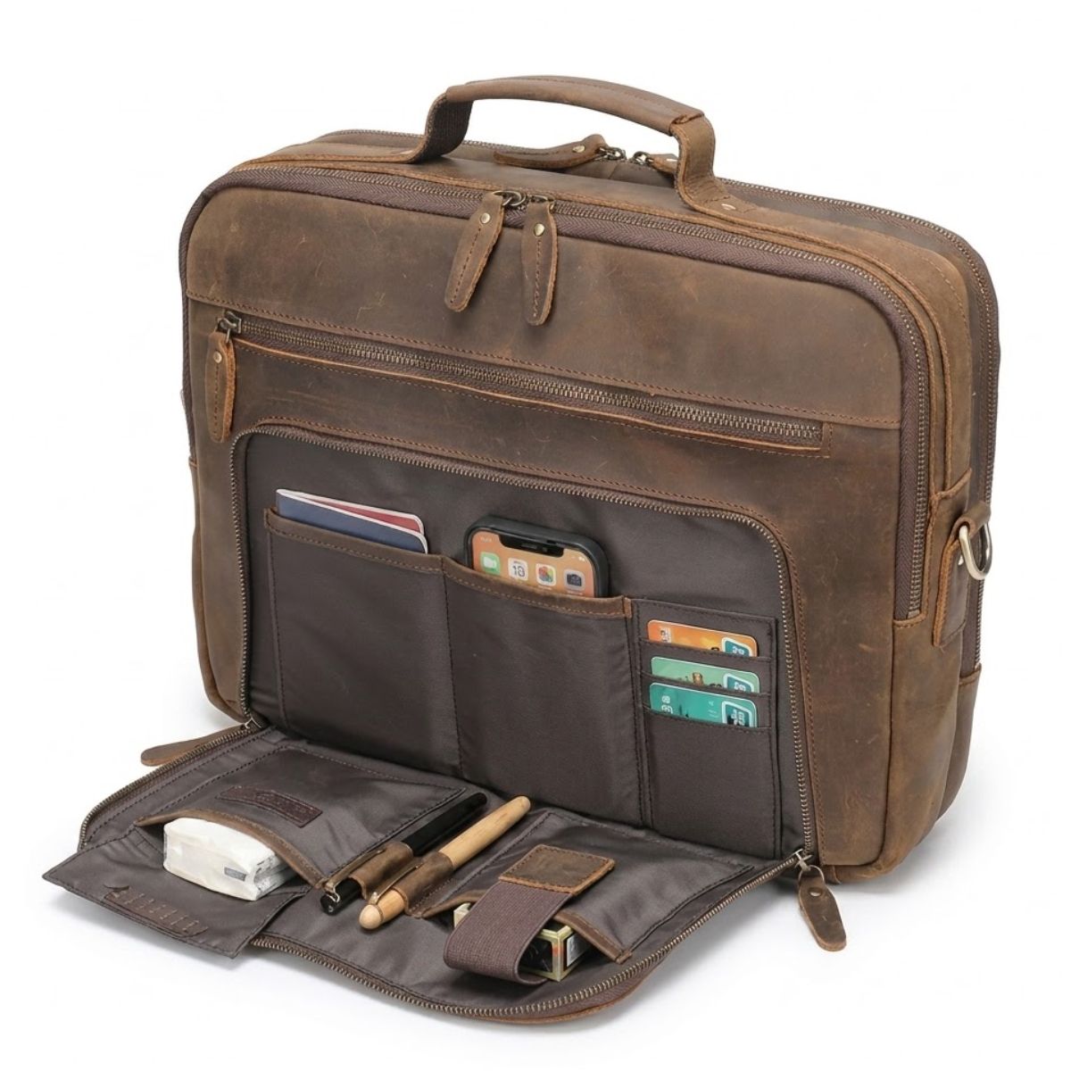 Sac bandoulière vintage homme | Compartiments multiples | Cuir véritable