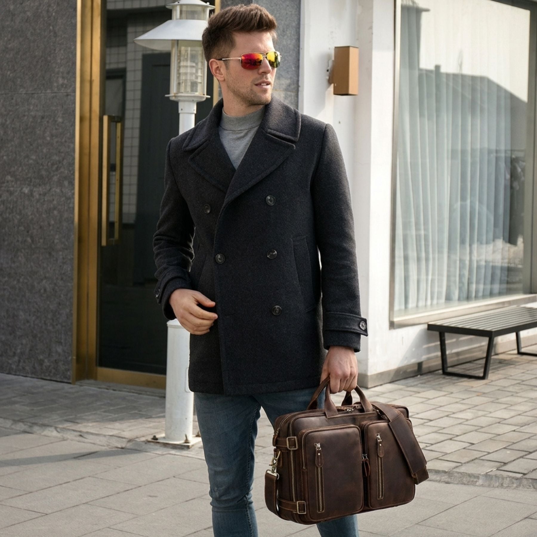 Sac business convertible vintage pour homme | Multifonction (Porté à la main, au dos et à l'épaule) | Cuir véritable résistant
