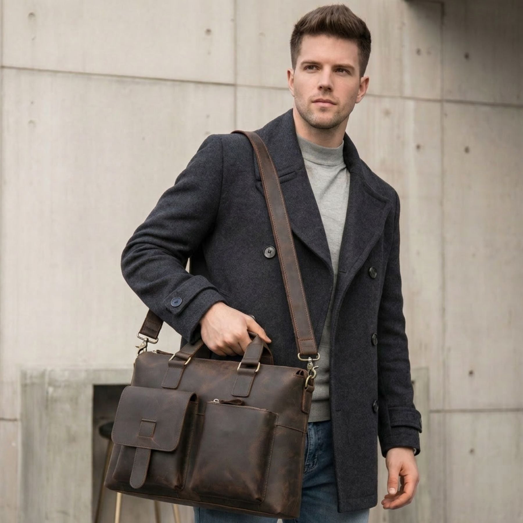 Sac business vintage pour homme | Compatible PC 14 pouces | Cuir de vachette résistant