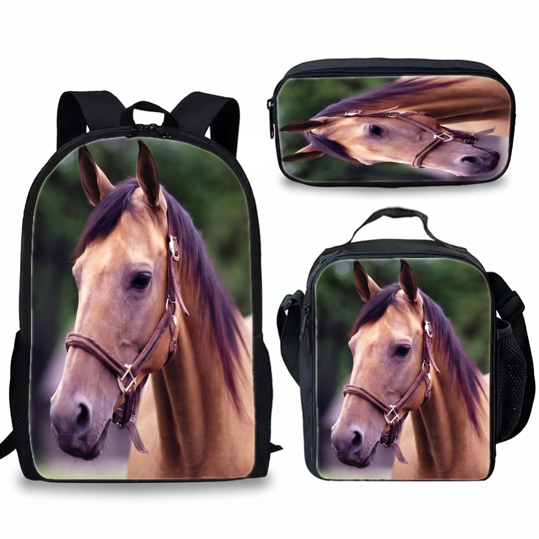 Sac scolaire Cheval | Kit 3 pièces (Sac + lunch bag + trousse) | Polyester résistant
