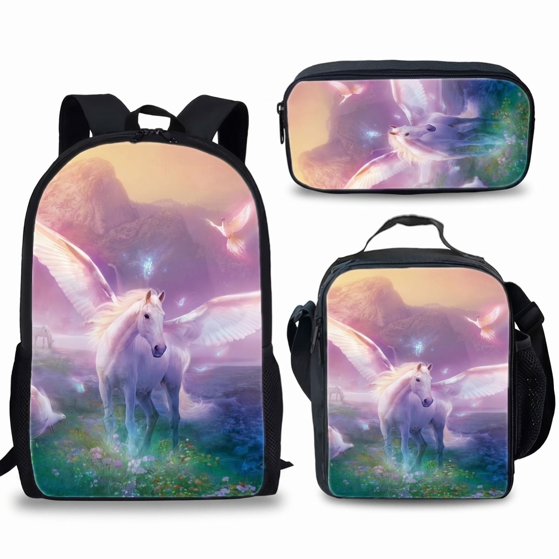 Sac scolaire Cheval | Kit 3 pièces (Sac + lunch bag + trousse) | Polyester résistant