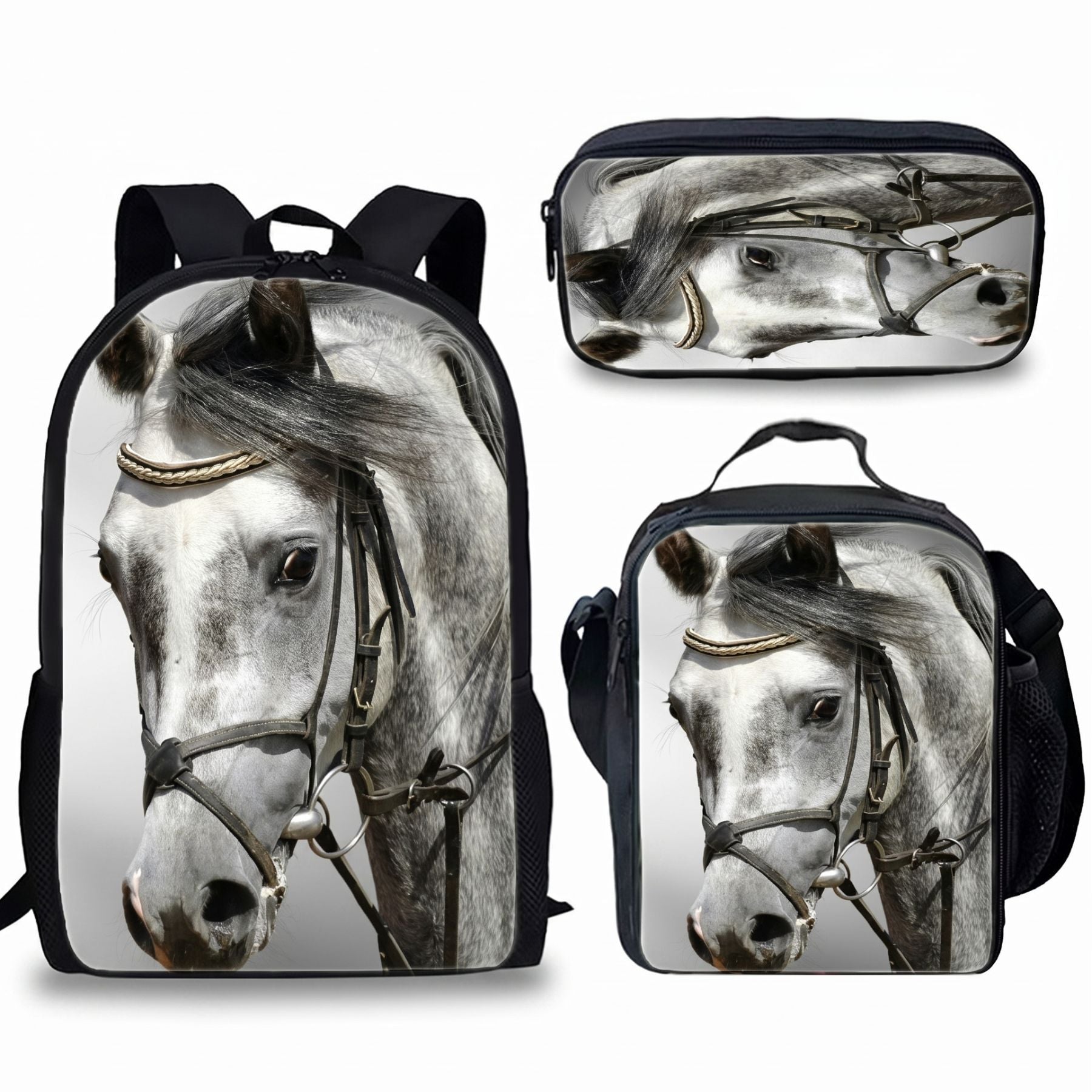 Sac scolaire Cheval | Kit 3 pièces (Sac + lunch bag + trousse) | Polyester résistant