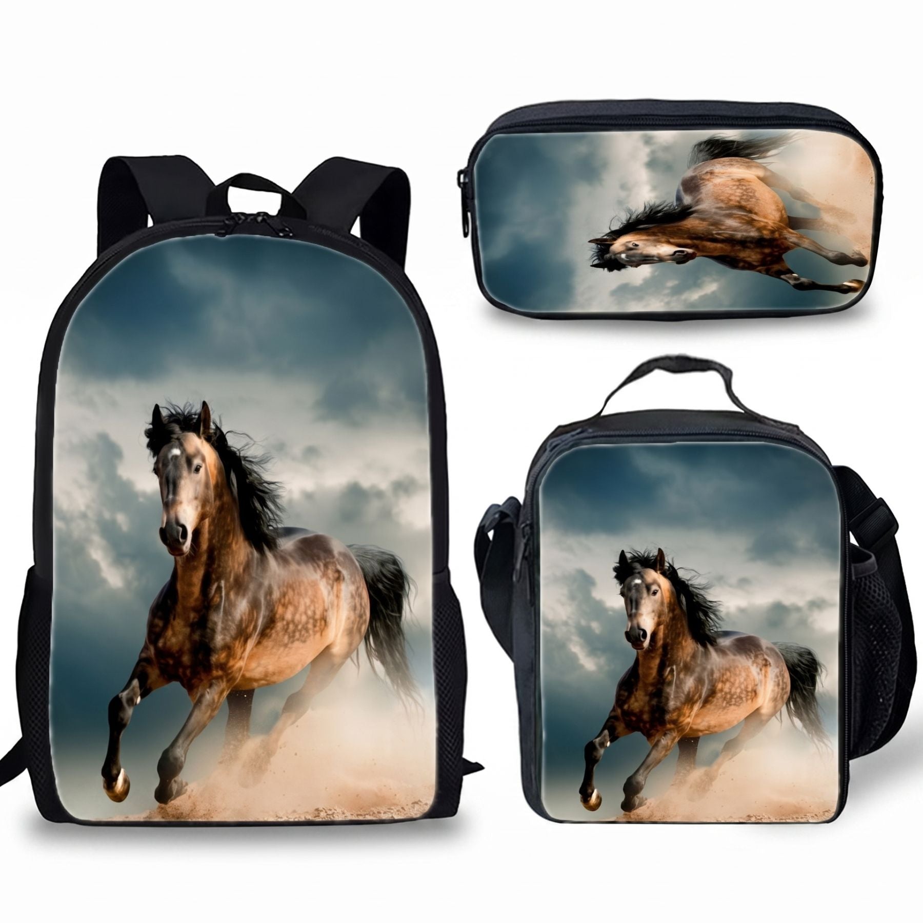 Sac scolaire Cheval | Kit 3 pièces (Sac + lunch bag + trousse) | Polyester résistant