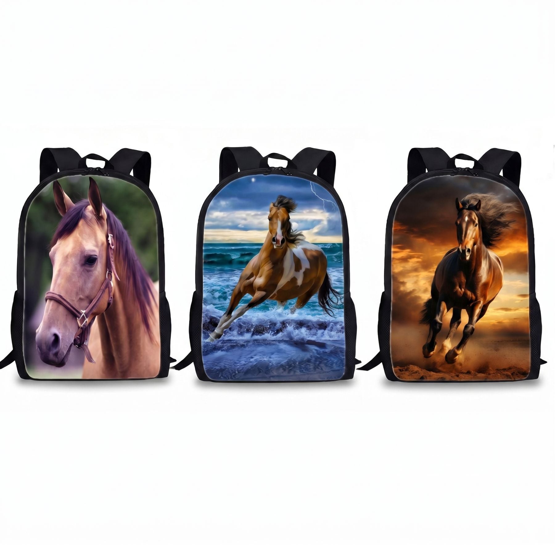 Sac scolaire Cheval | Kit 3 pièces (Sac + lunch bag + trousse) | Polyester résistant
