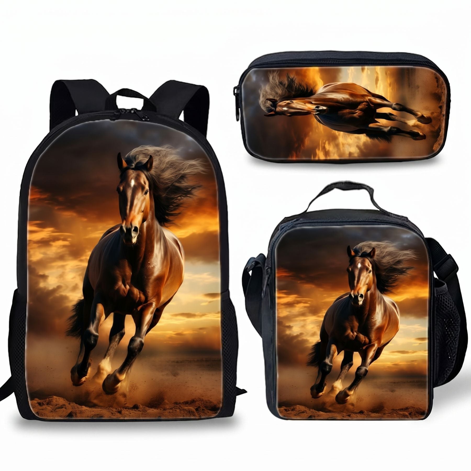 Sac scolaire Cheval | Kit 3 pièces (Sac + lunch bag + trousse) | Polyester résistant