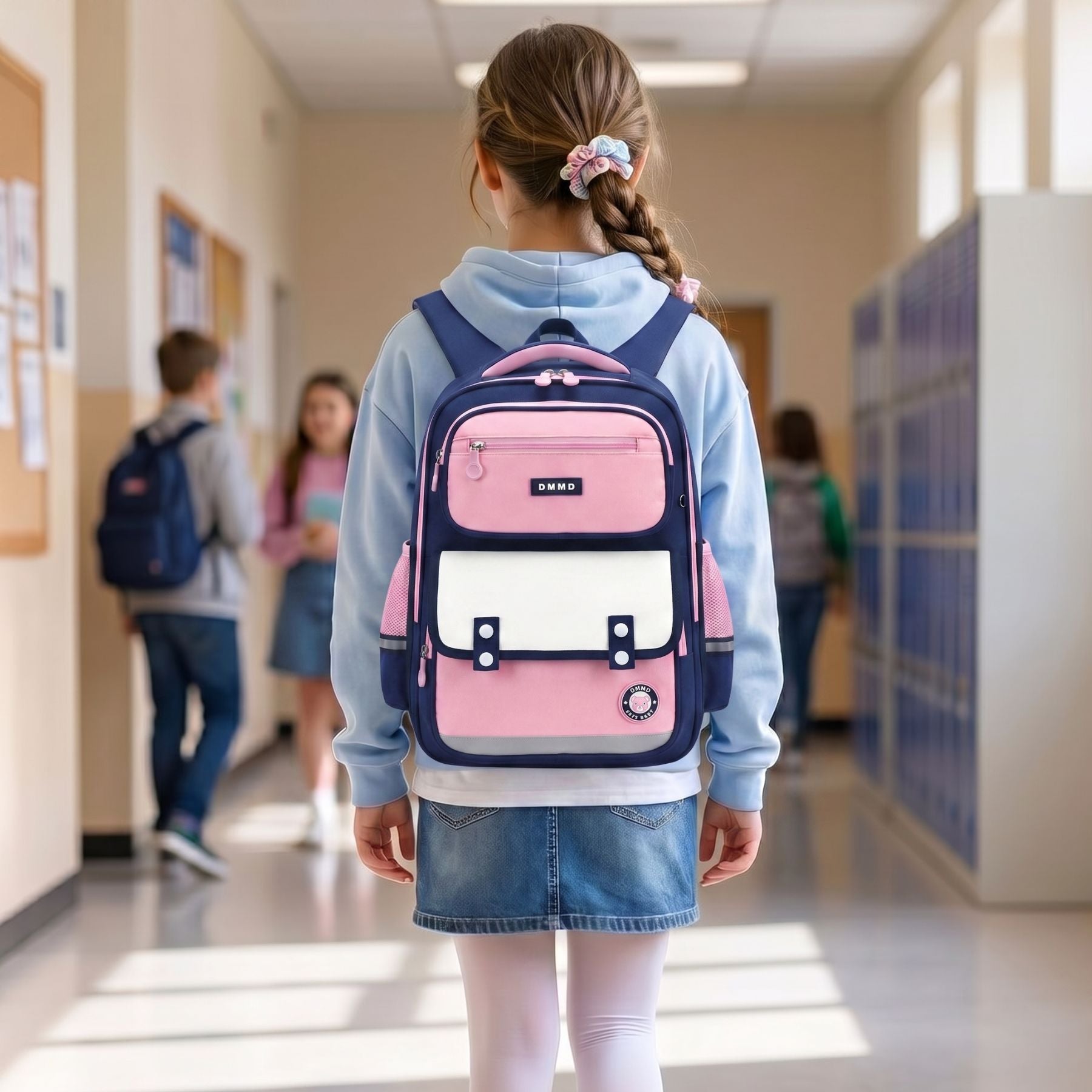 Sac scolaire bleu marine et rose grand format | Dos respirant renforcé | Tissu Oxford résistant | Grande capacité