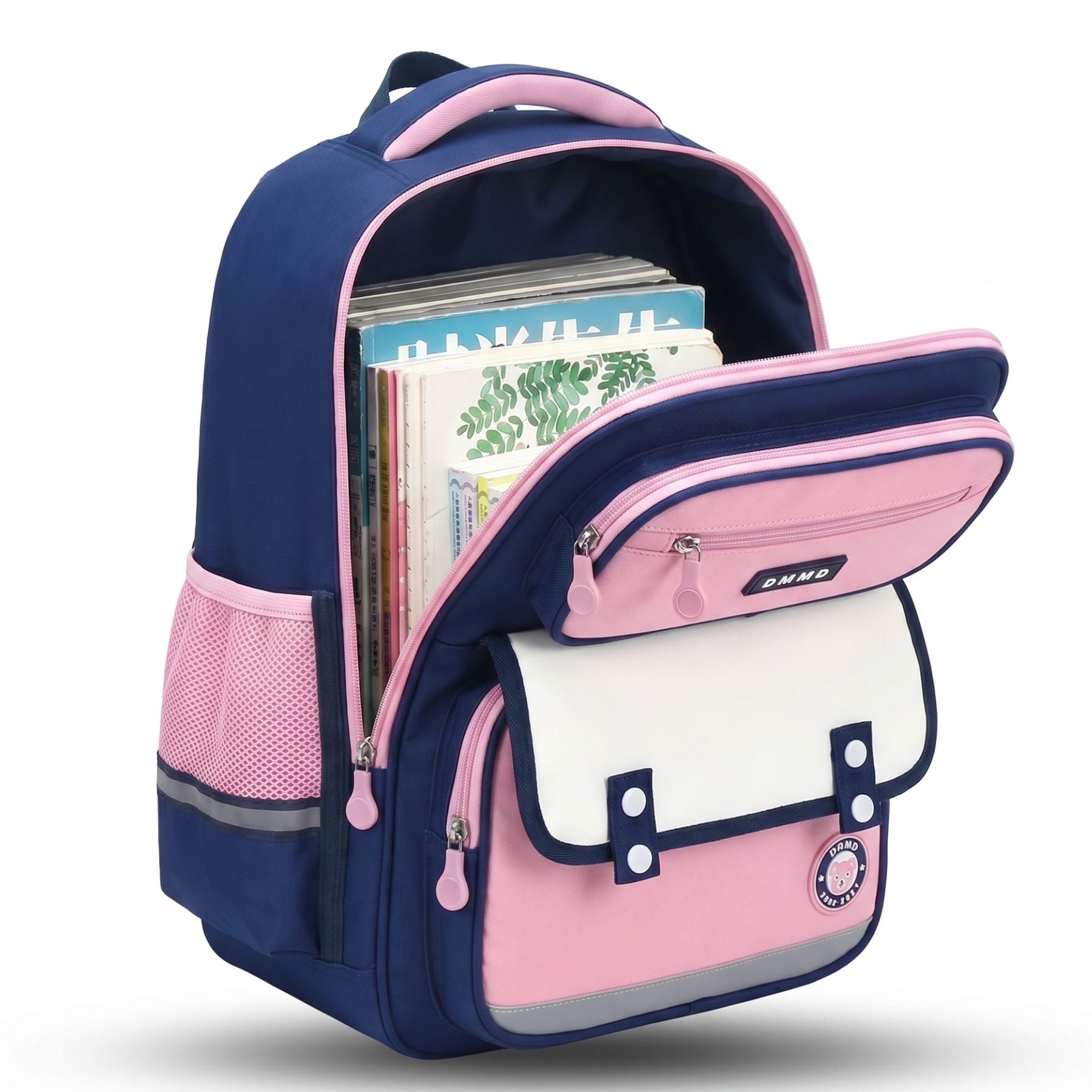 Sac scolaire bleu marine et rose grand format | Dos respirant renforcé | Tissu Oxford résistant | Grande capacité