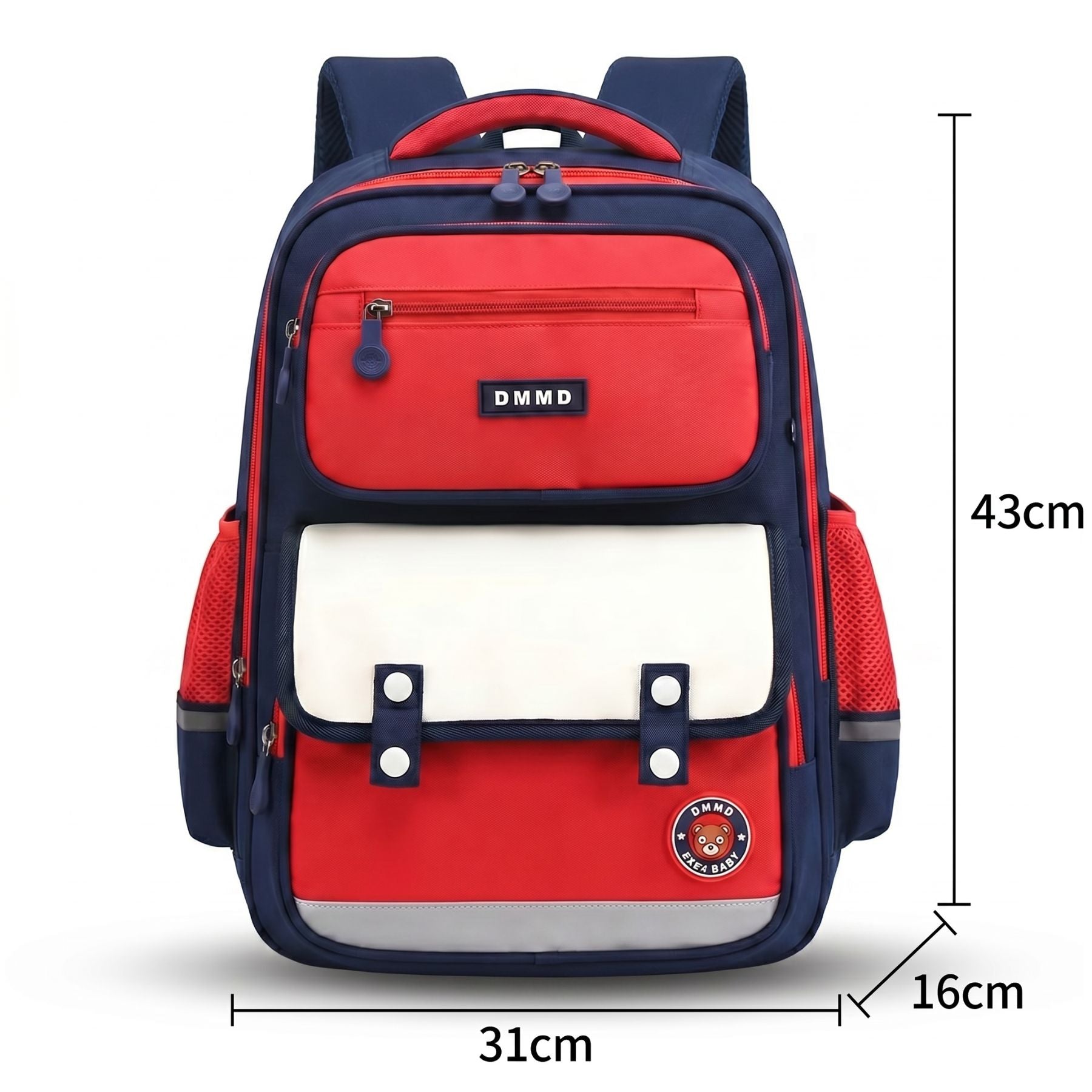 Sac scolaire bleu marine et rouge grand format | Dos respirant renforcé | Tissu Oxford résistant | Grande capacité