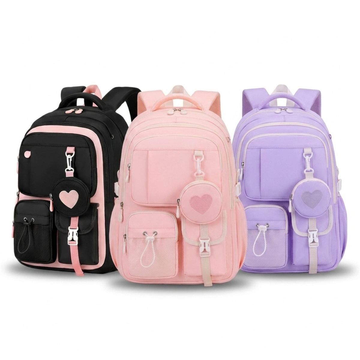 Sac scolaire cœur pastel | Grande capacité | Oxford résistant