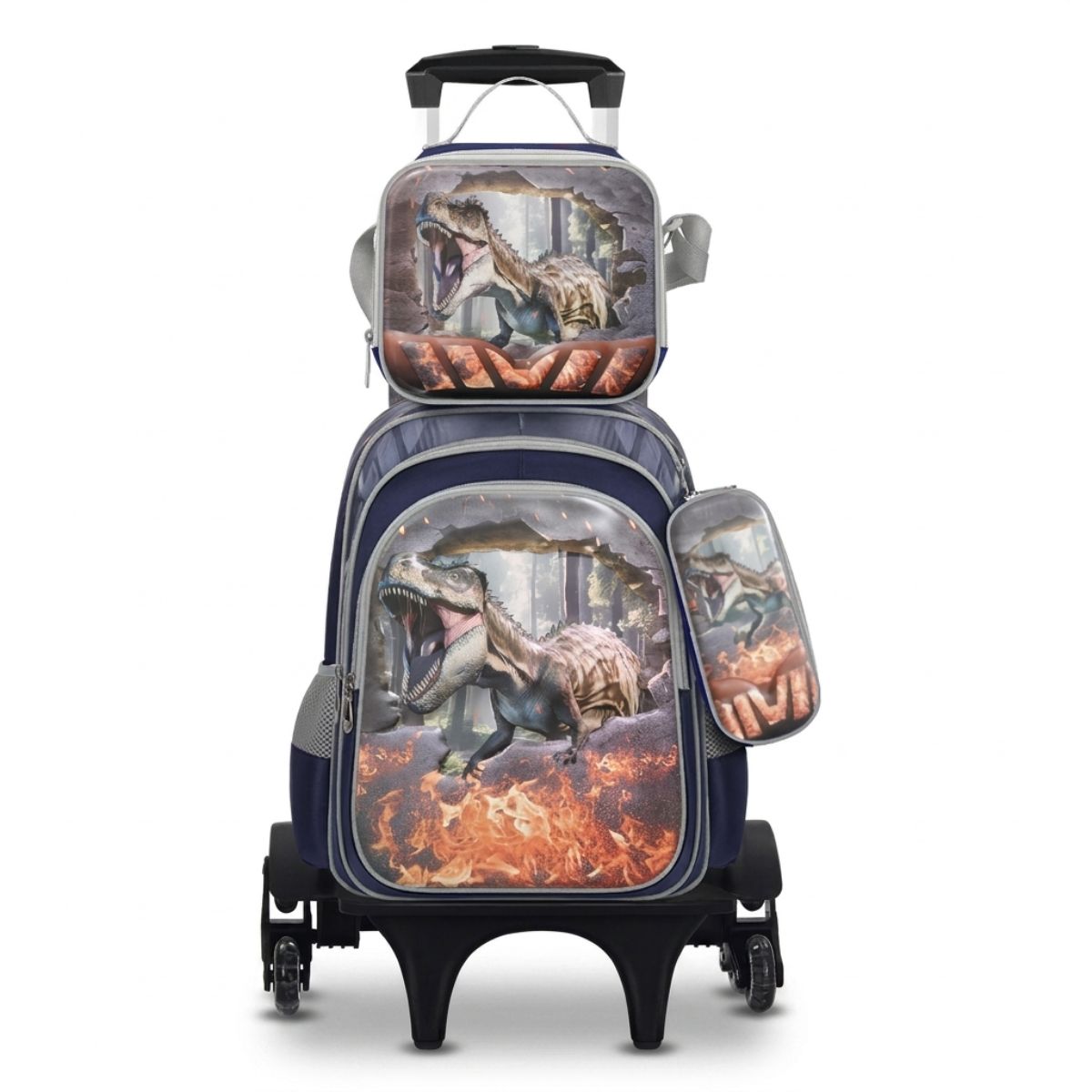 Sac scolaire dinosaure à roulettes | Ensemble 3 pièces (sac à dos + lunch bag + trousse ) | Grande capacité | Tissu polyester résistant