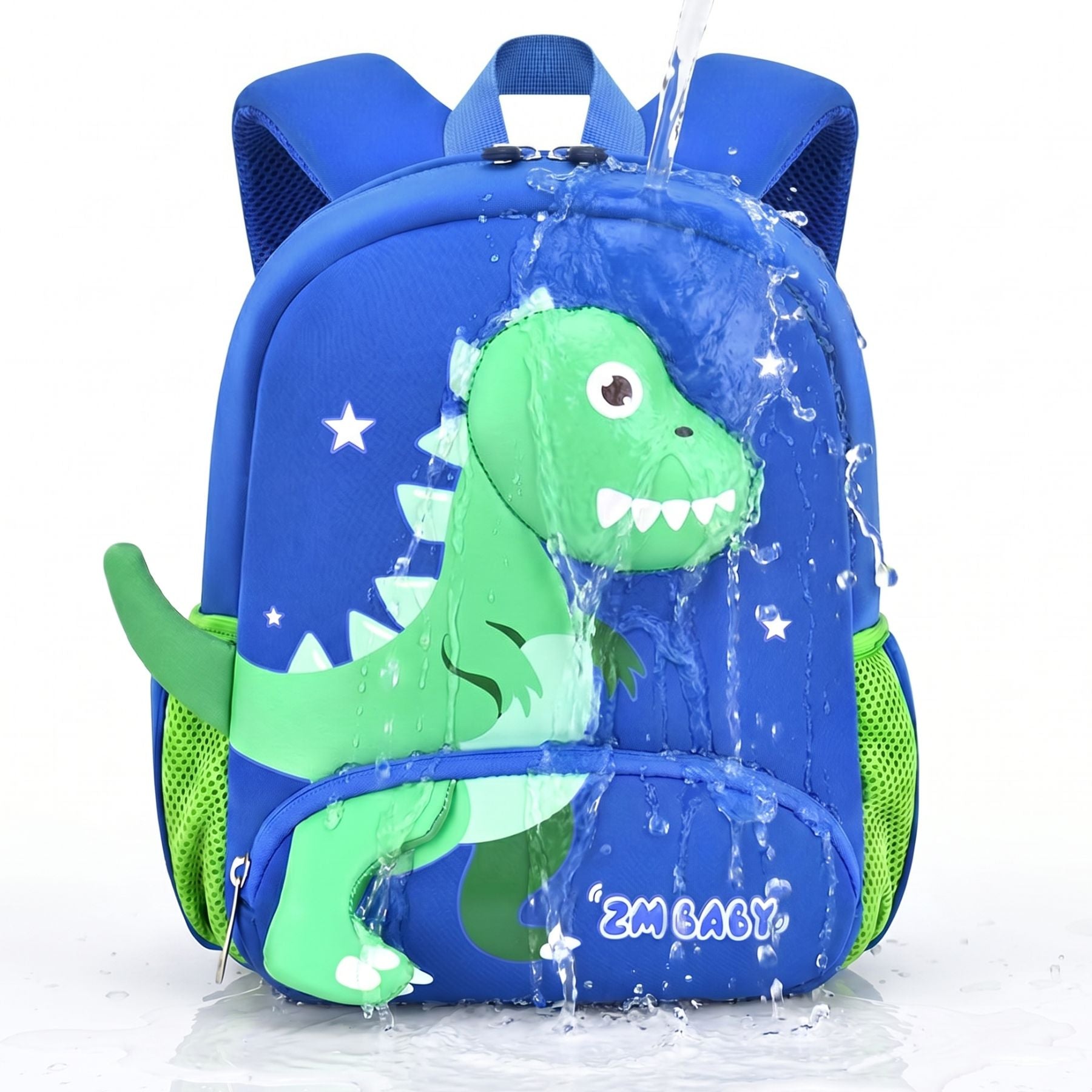 Sac scolaire dinosaure vert | Poches latérales filet | Tissu néoprène léger | Idéal maternelle