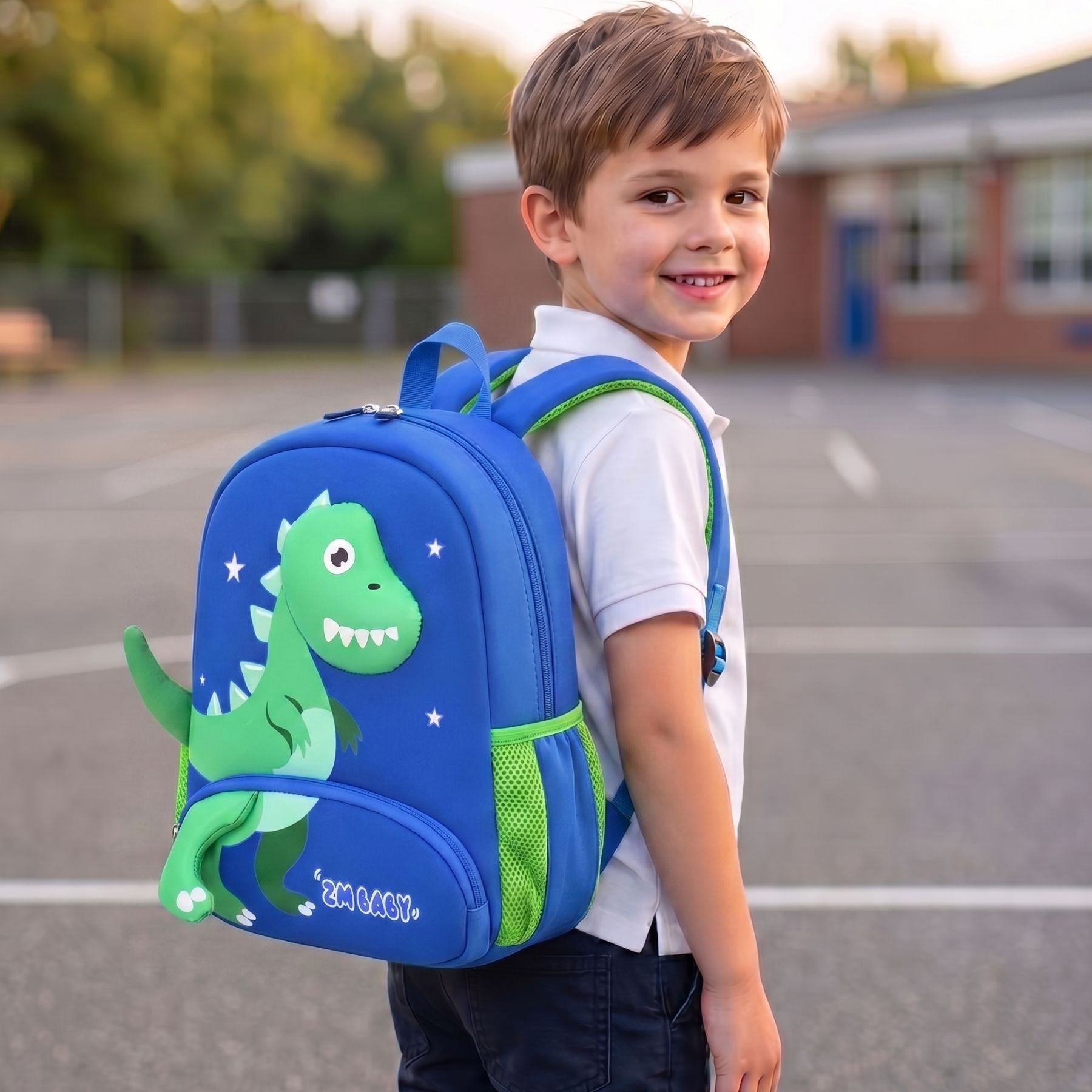 Sac scolaire dinosaure vert | Poches latérales filet | Tissu néoprène léger | Idéal maternelle
