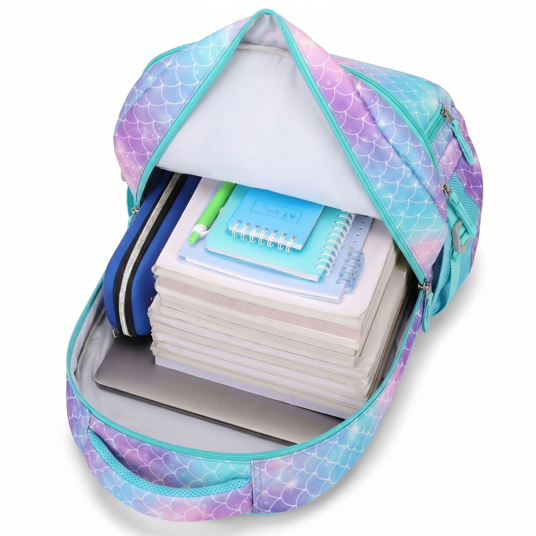 Sac scolaire écailles de poisson bleues | Trousse assortie | Tissu Oxford résistant | Grande capacité