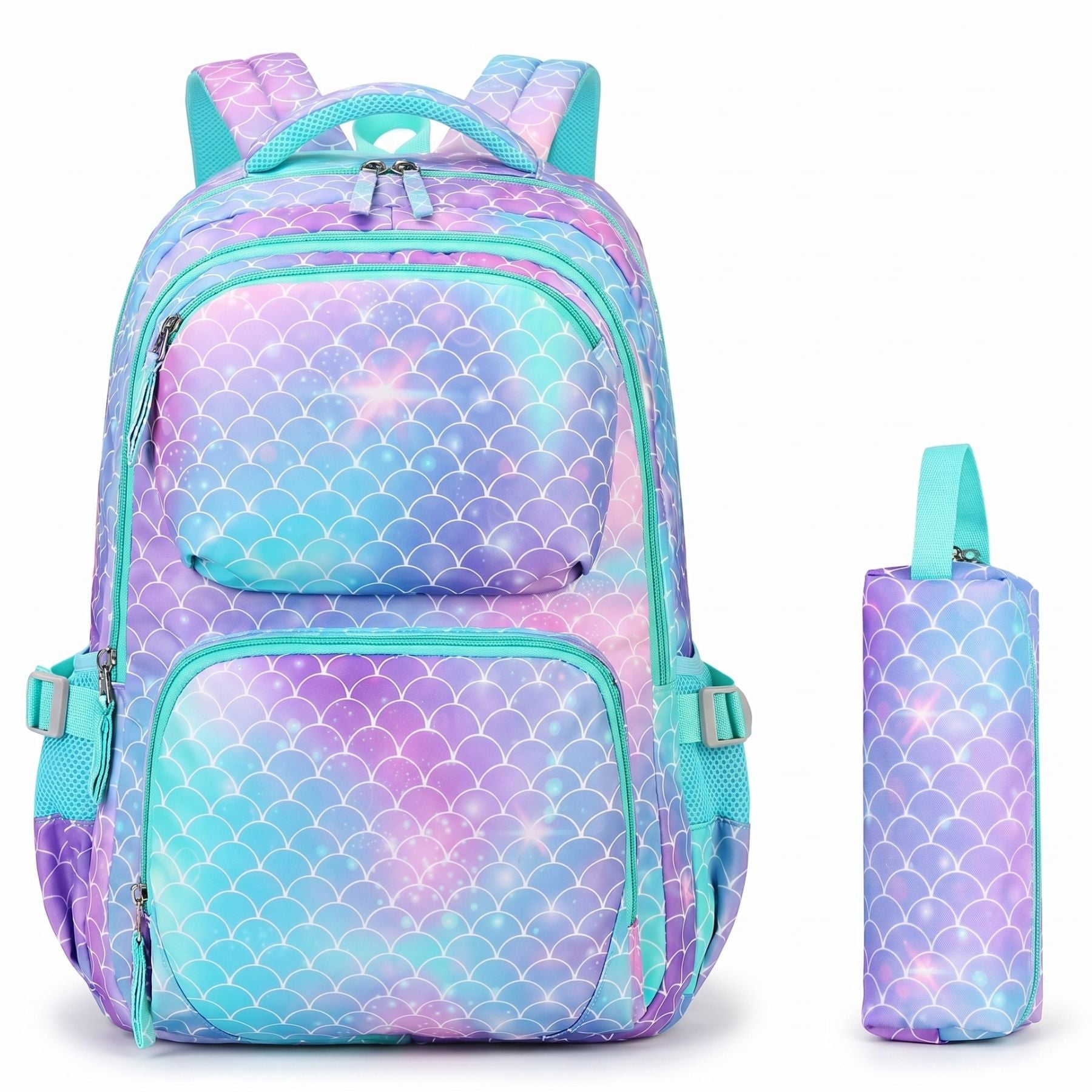 Sac scolaire écailles de poisson bleues | Trousse assortie | Tissu Oxford résistant | Grande capacité