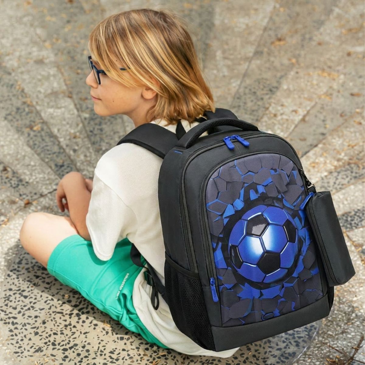 Sac scolaire football pour garçon | Trousse assortie | Tissu Oxford résistant | Bretelles renforcées