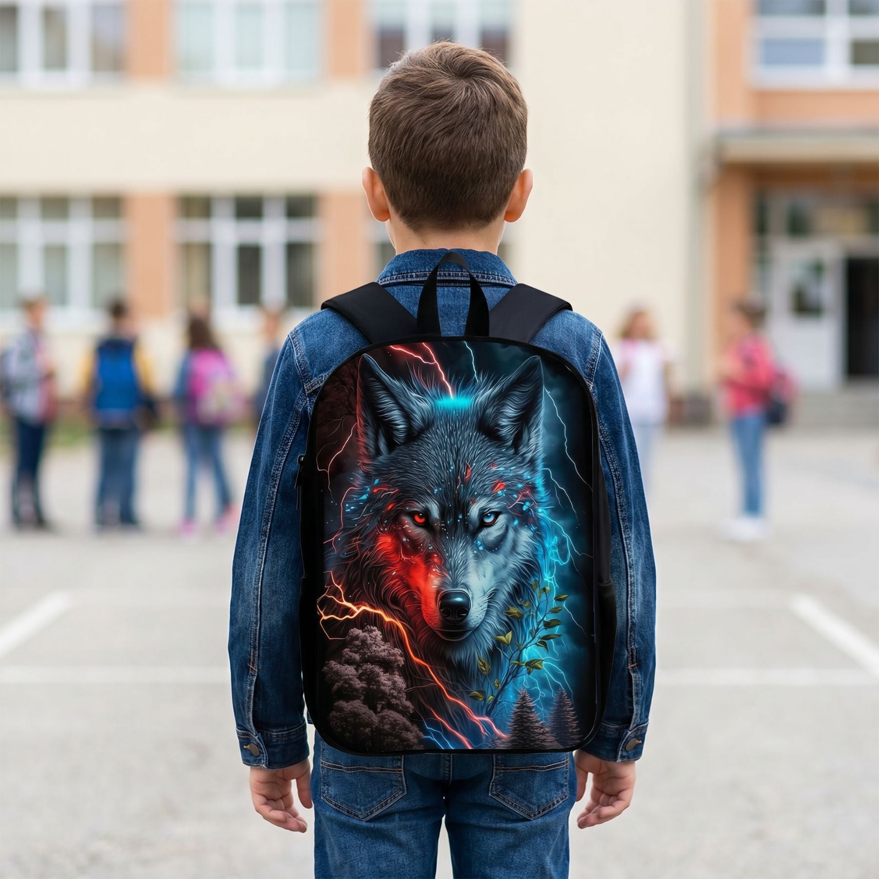 Sac scolaire loup foudre | Bretelles réglables | Polyester résistant | Port confortable