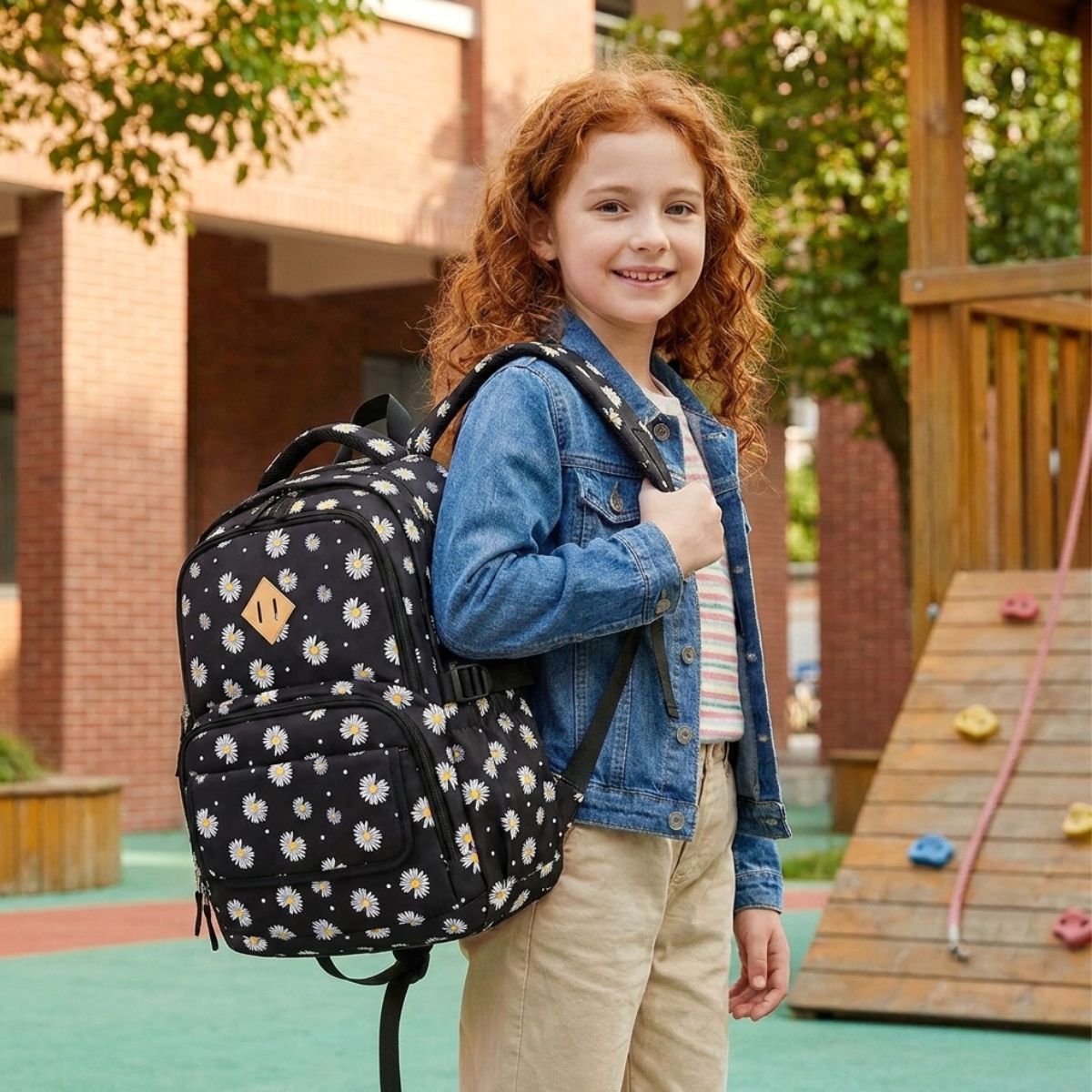 Sac scolaire marguerites pour fille | Trousse assortie | Tissu Oxford résistant | Idéal pour l’école