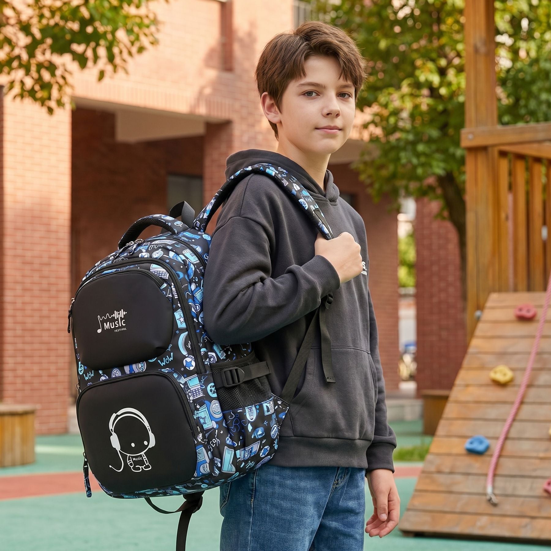 Sac scolaire motif musique pour garçon | Trousse assortie | Tissu Oxford résistant | Grande capacité