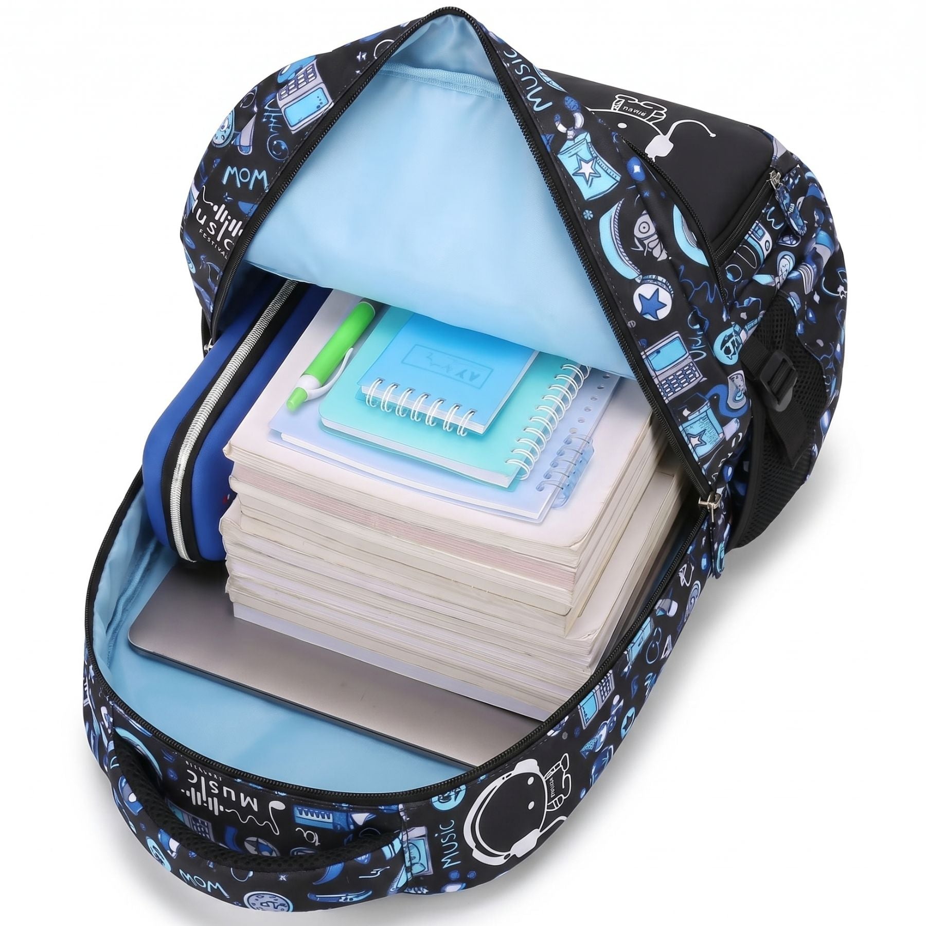 Sac scolaire motif musique pour garçon | Trousse assortie | Tissu Oxford résistant | Grande capacité