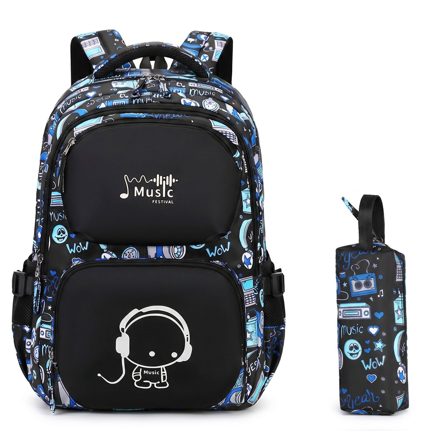 Sac scolaire motif musique pour garçon | Trousse assortie | Tissu Oxford résistant | Grande capacité