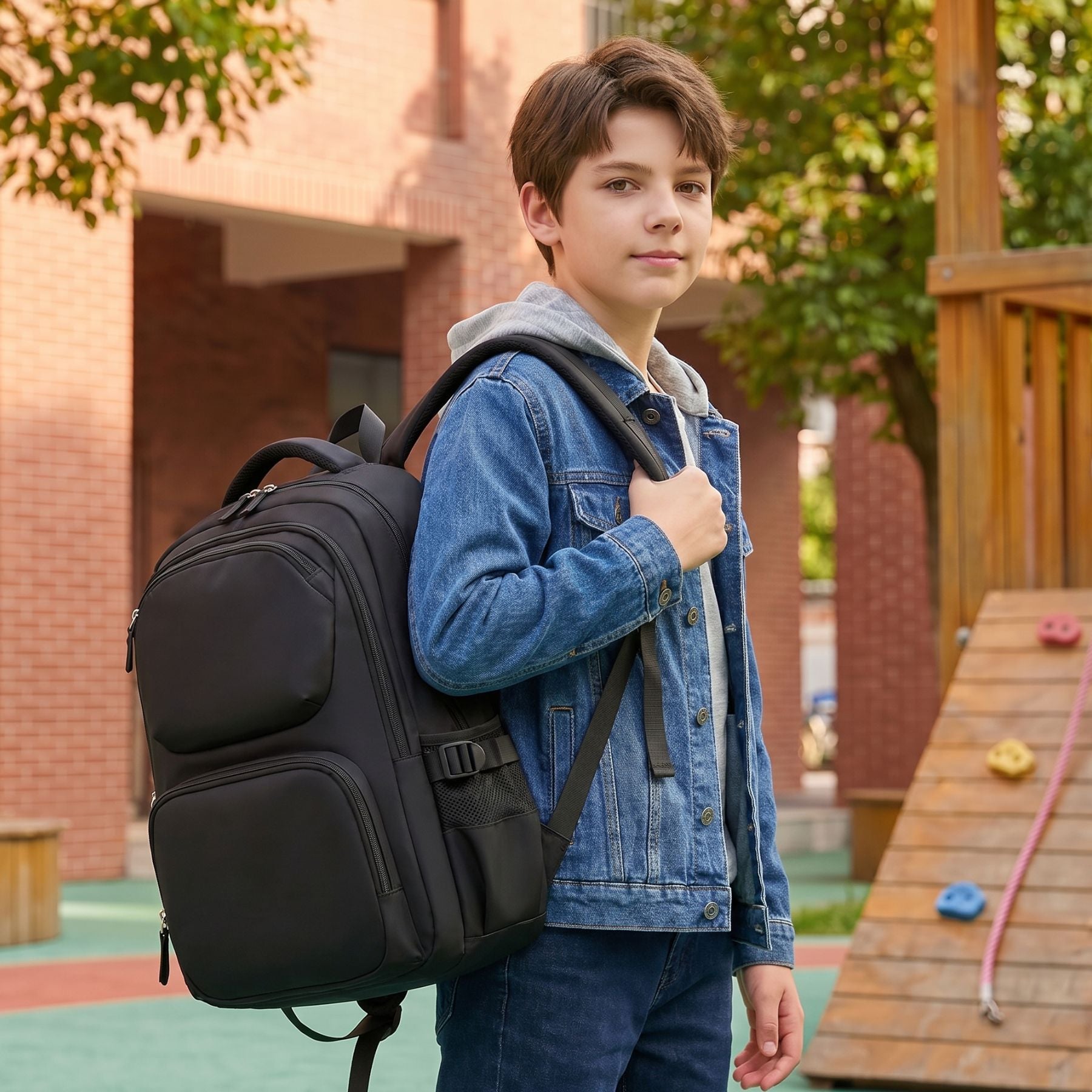 Minimalist Black School Backpack Set | Matching Pencil Case | Waterproof Oxford Fabric