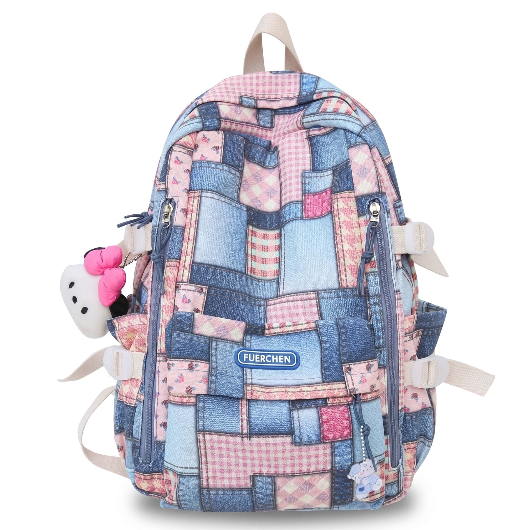 Sac scolaire patchwork denim | Compartiments multiples | Toile résistante anti-usure