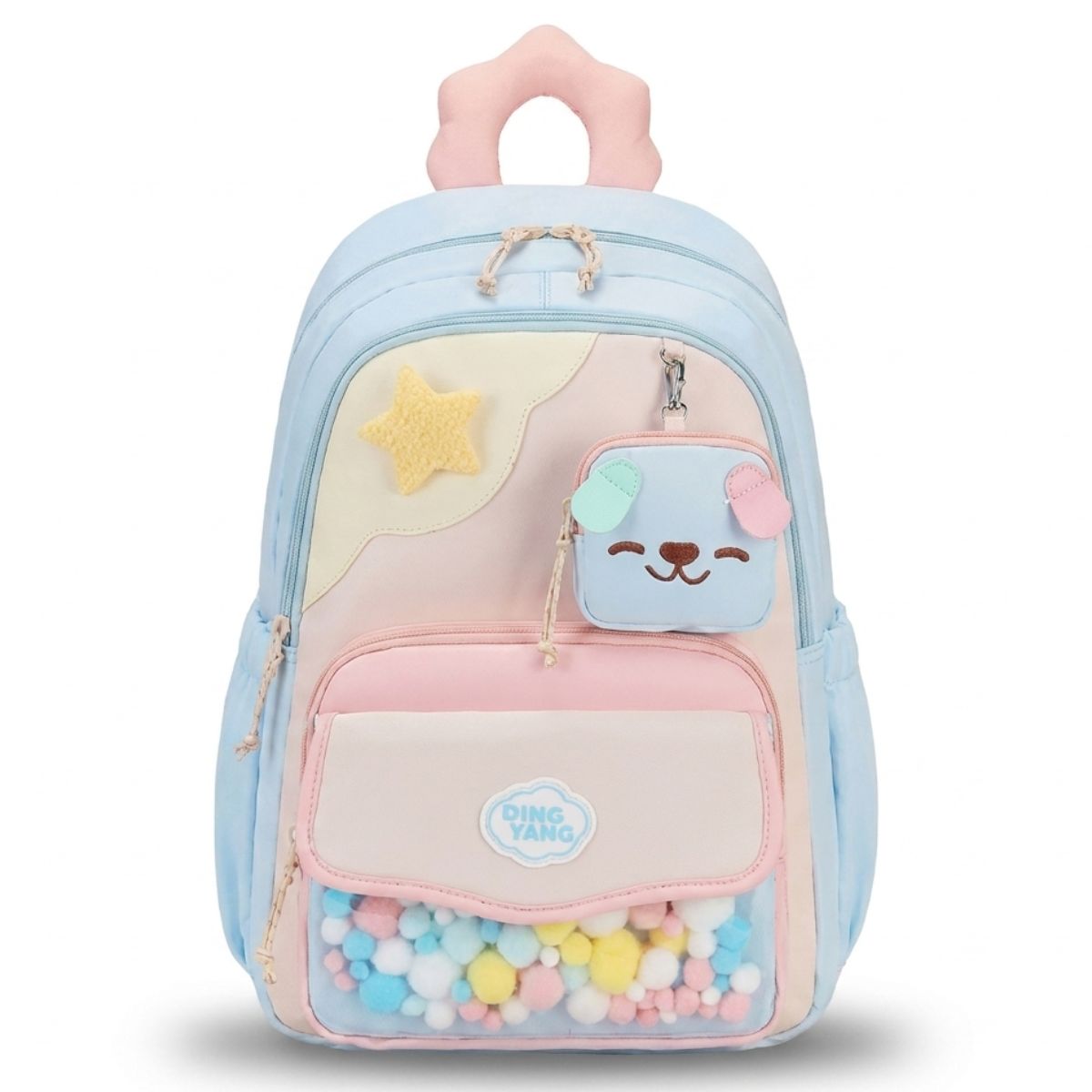 Sac scolaire pompons fille | Multiples compartiments | Oxford léger