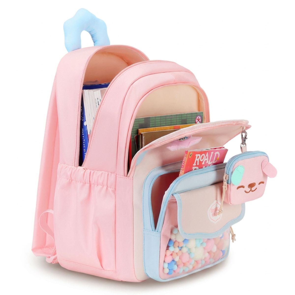 Sac scolaire pompons fille | Multiples compartiments | Oxford léger