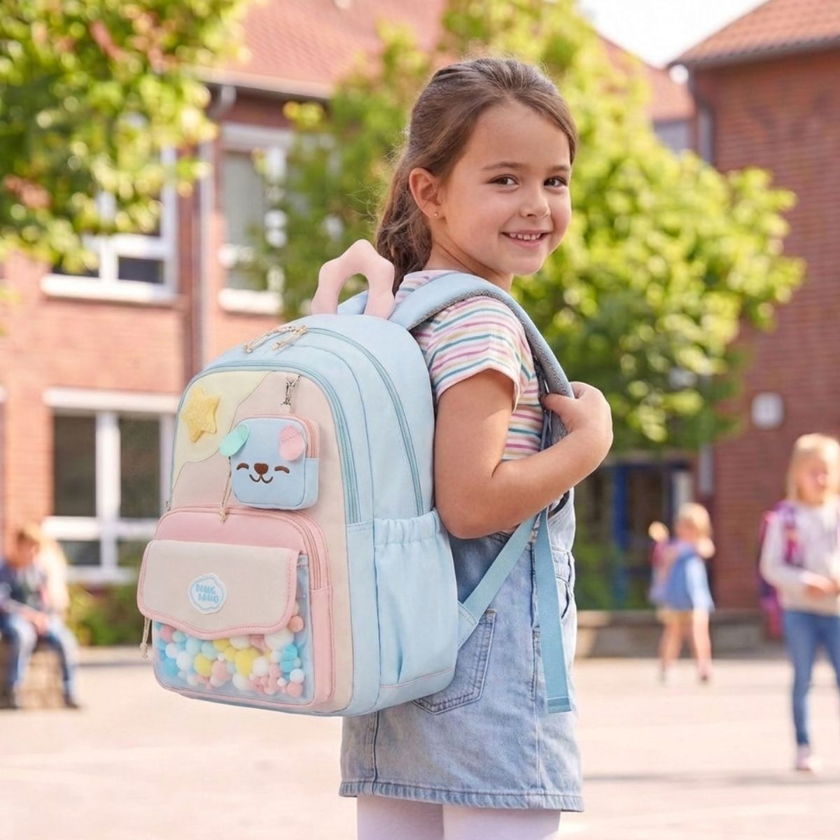 Sac scolaire pompons fille | Multiples compartiments | Oxford léger