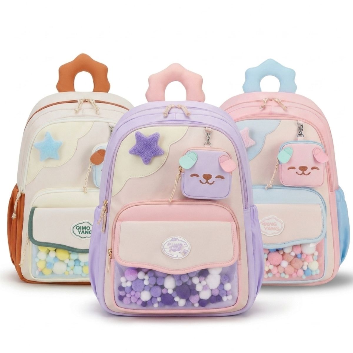 Sac scolaire pompons fille | Multiples compartiments | Oxford léger