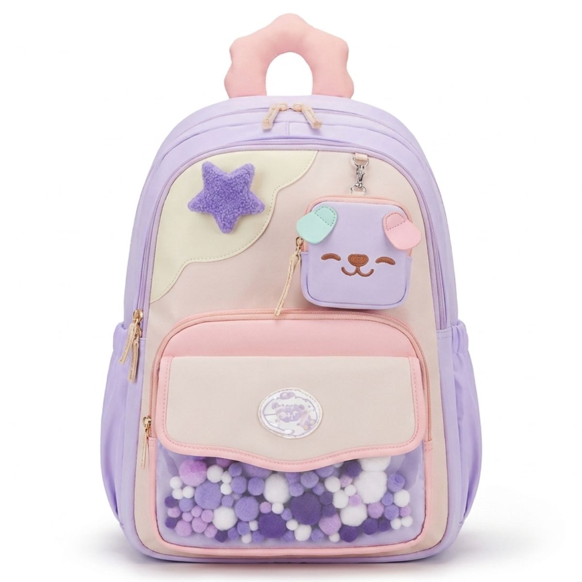 Sac scolaire pompons fille | Multiples compartiments | Oxford léger