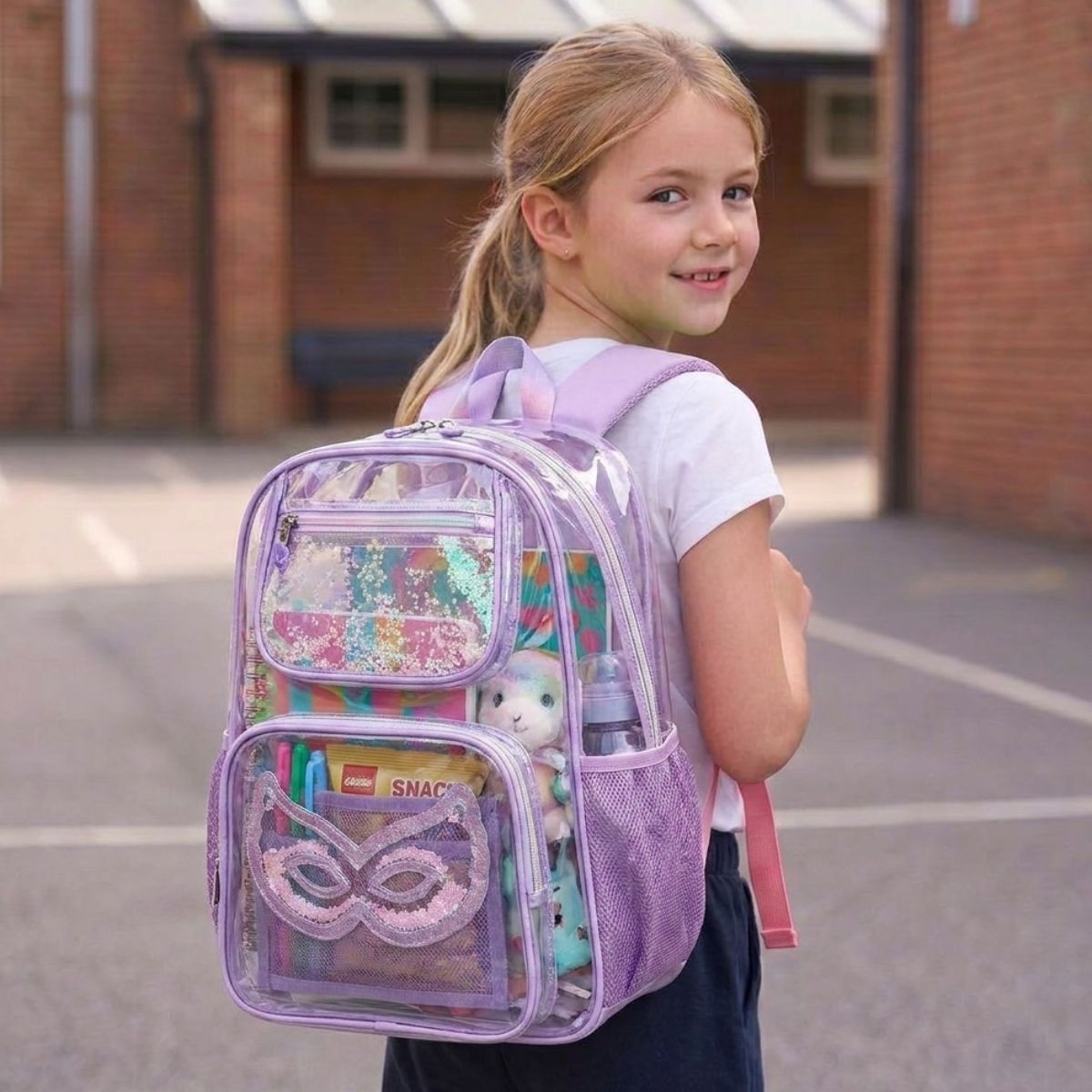 Sac scolaire transparent violet | Design pailleté | TPU waterproof | Rangement pratique