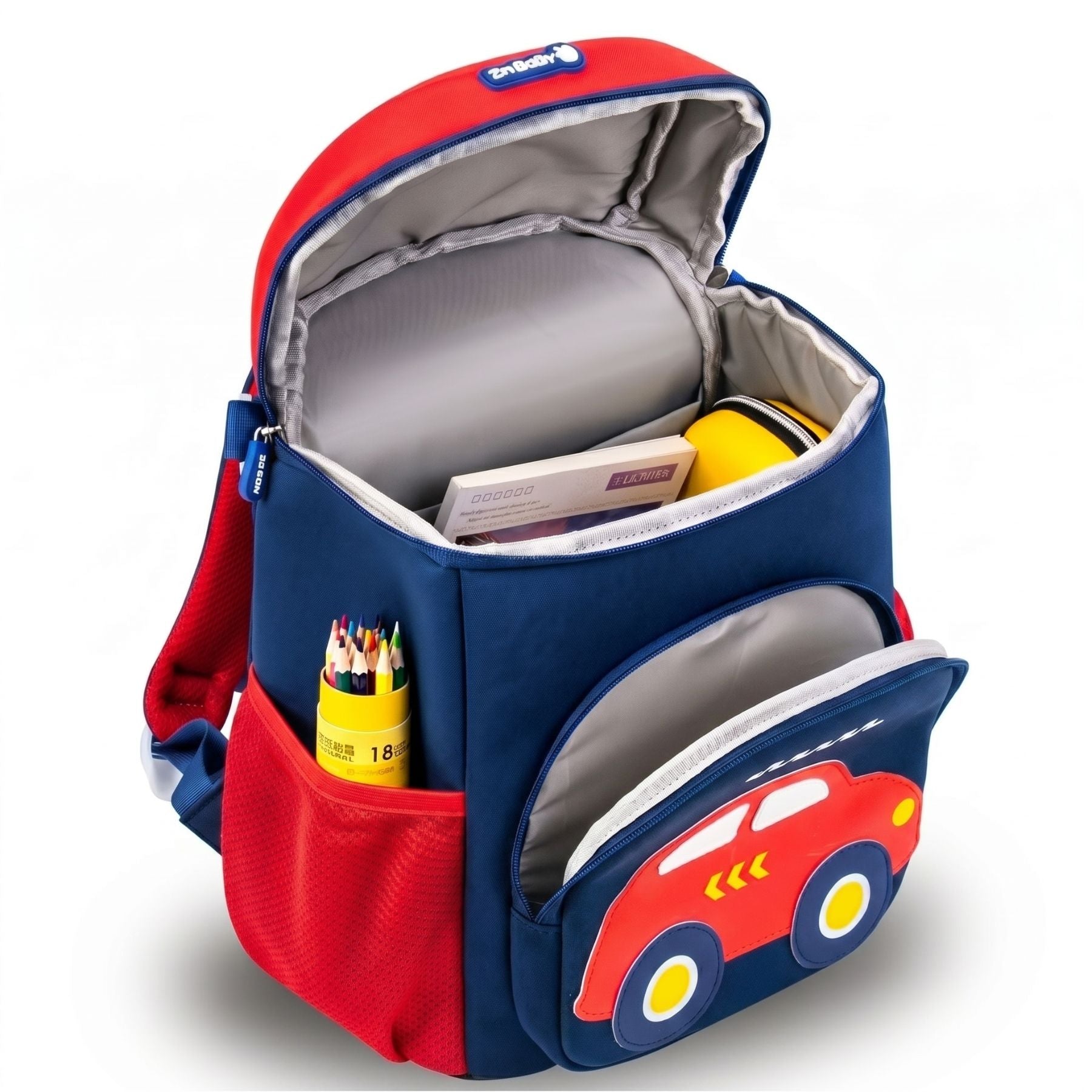 Sac scolaire voiture rouge et bleu | Bretelles rembourrées | Tissu néoprène respirant | Idéal maternelle