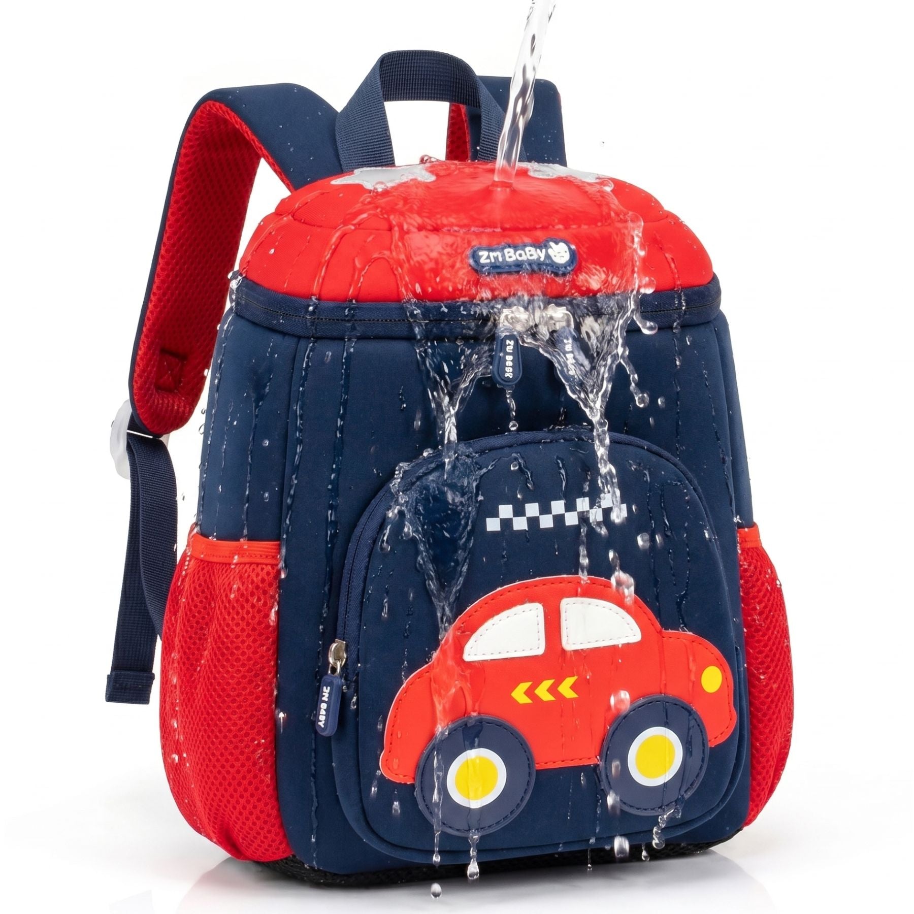 Sac scolaire voiture rouge et bleu | Bretelles rembourrées | Tissu néoprène respirant | Idéal maternelle