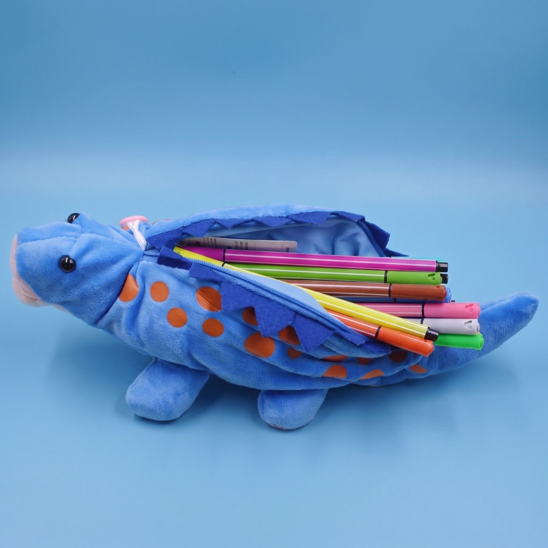 Trousse Peluche Dinosaure 3D | Stégosaure Bleu & Orange | Grand Compartiment | Ultra Douce