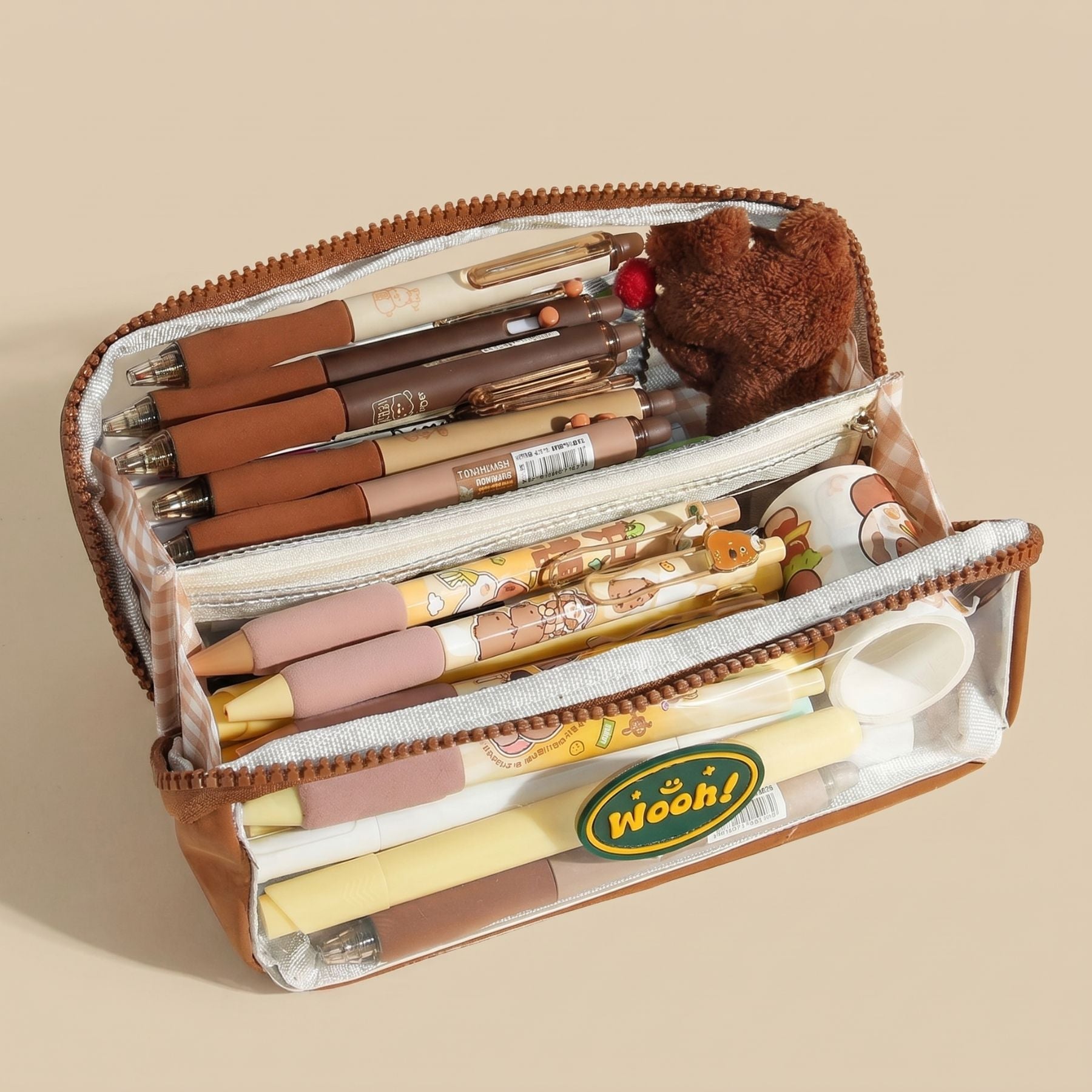 Trousse Scolaire Transparente Kawaii | 2 Compartiments Grande Capacité | Design Vichy Mignon