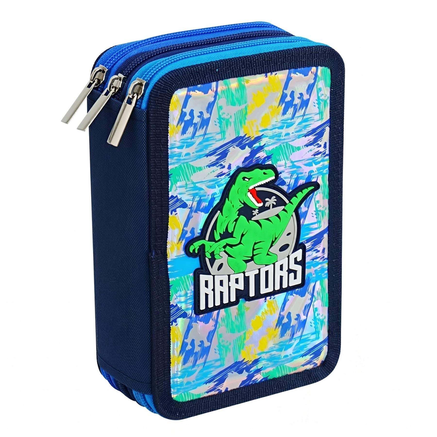 Trousse à Crayons Garçon Dinosaure Raptors | 3 Compartiments Zippés | Effet Holographique | Grande Capacité