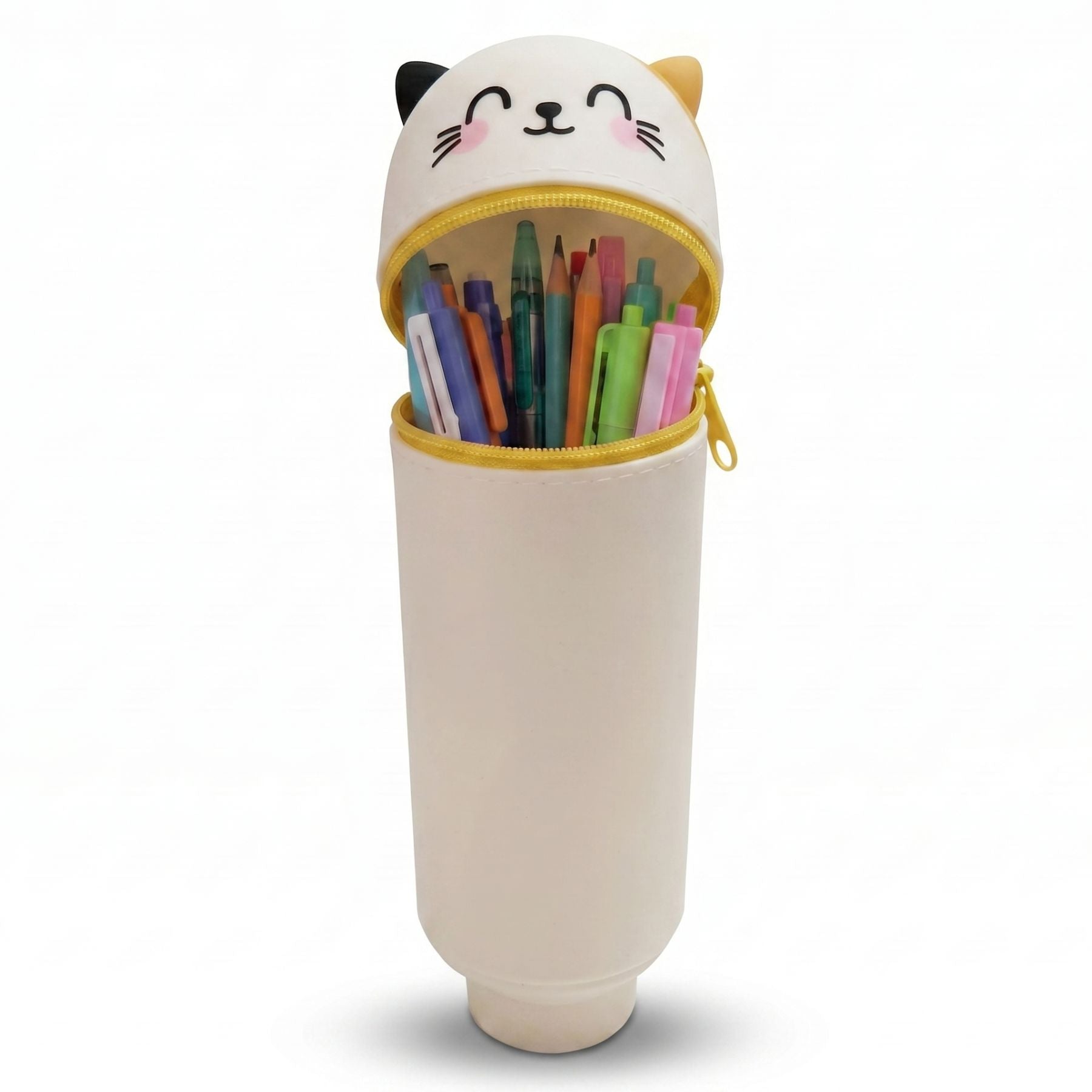 Trousse crayon chat blanc en silicone | Motif cartoon | Grande capacité | Protège les stylos facilement