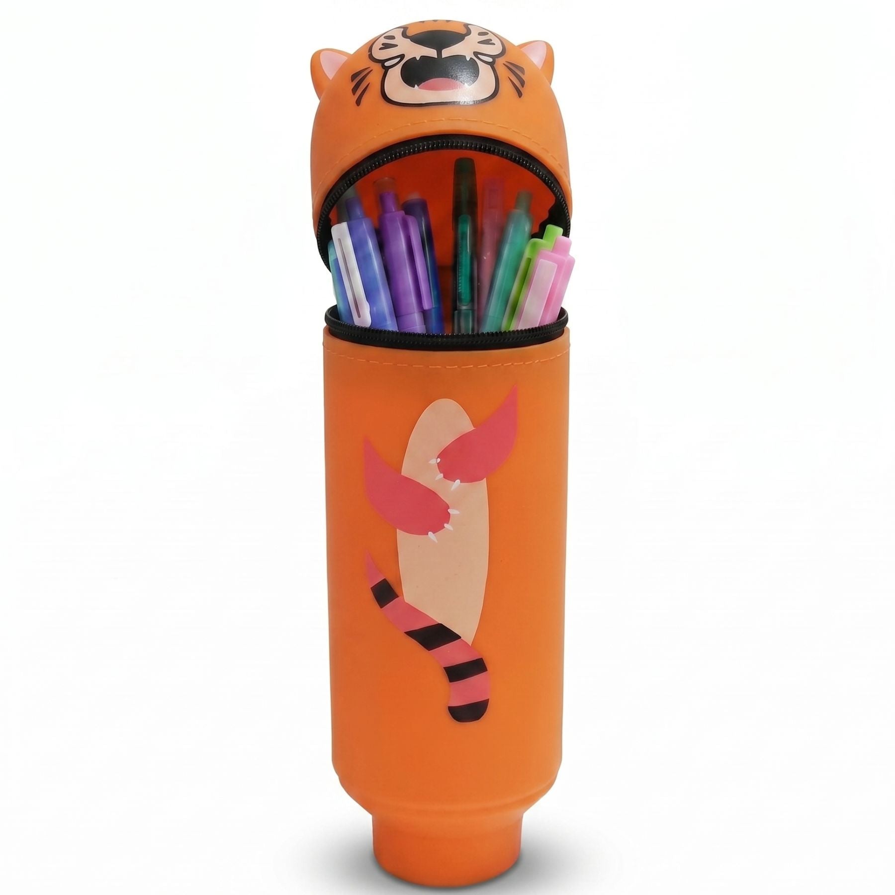 Trousse scolaire tigre en silicone | Motif cartoon gueule ouverte | Format tube rigide | Résistante et facile à nettoyer