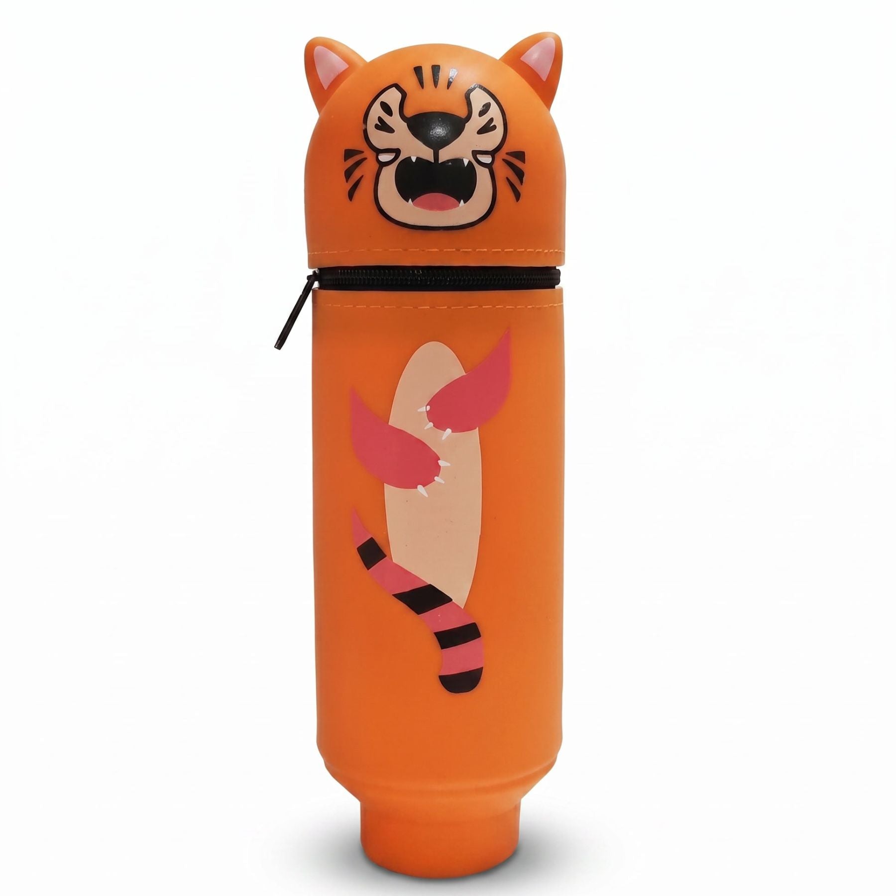 Trousse scolaire tigre en silicone | Motif cartoon gueule ouverte | Format tube rigide | Résistante et facile à nettoyer