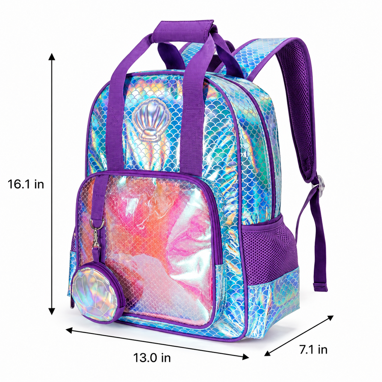 Iridescent Seashell School Backpack Set | 3-Piece Set (Backpack, Lunch Bag & Pencil Case) | Durable Polyester & PVC