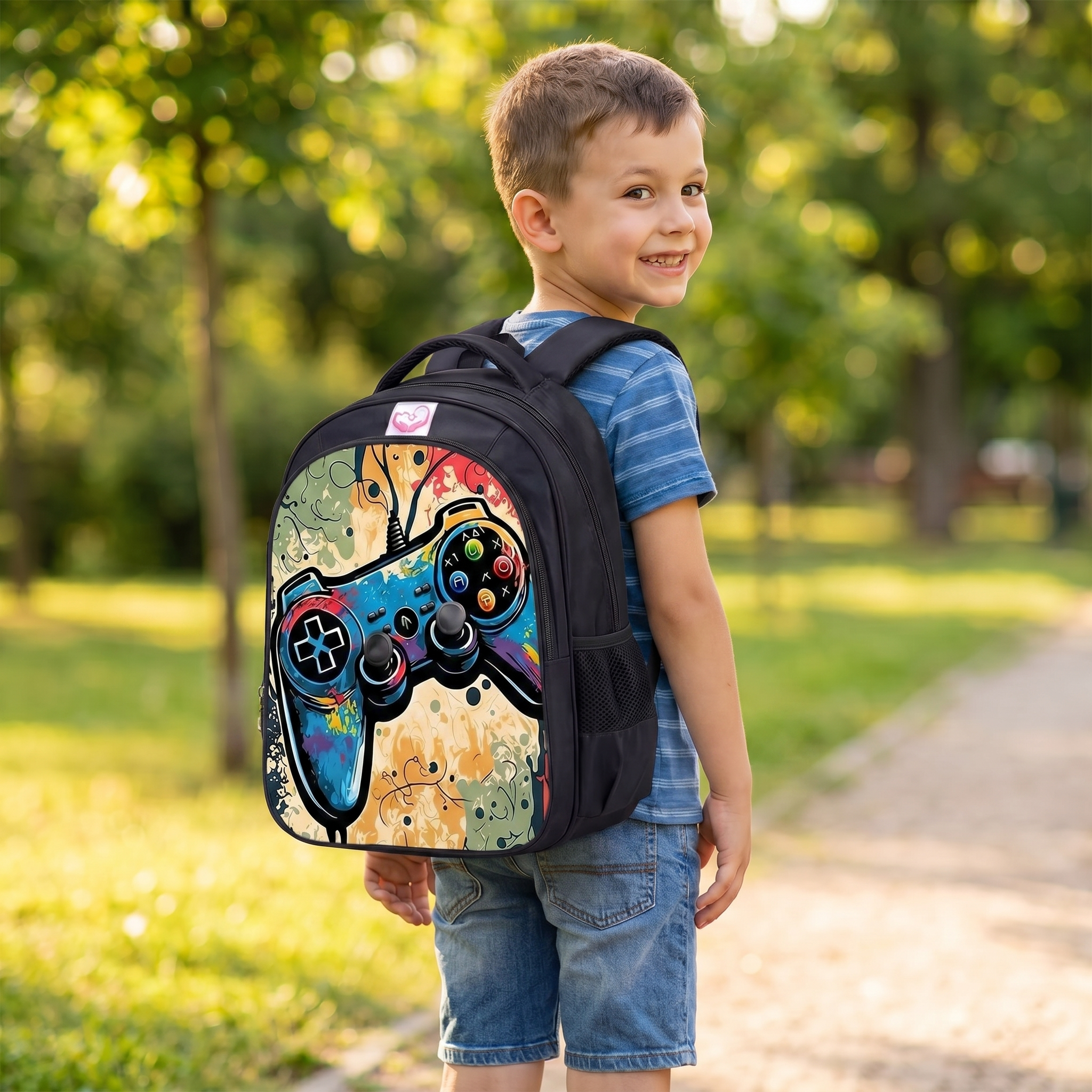 Sac à dos motif gaming manette | Ensemble 3 pièces (sac + lunch bag + trousse) | Oxford résistant
